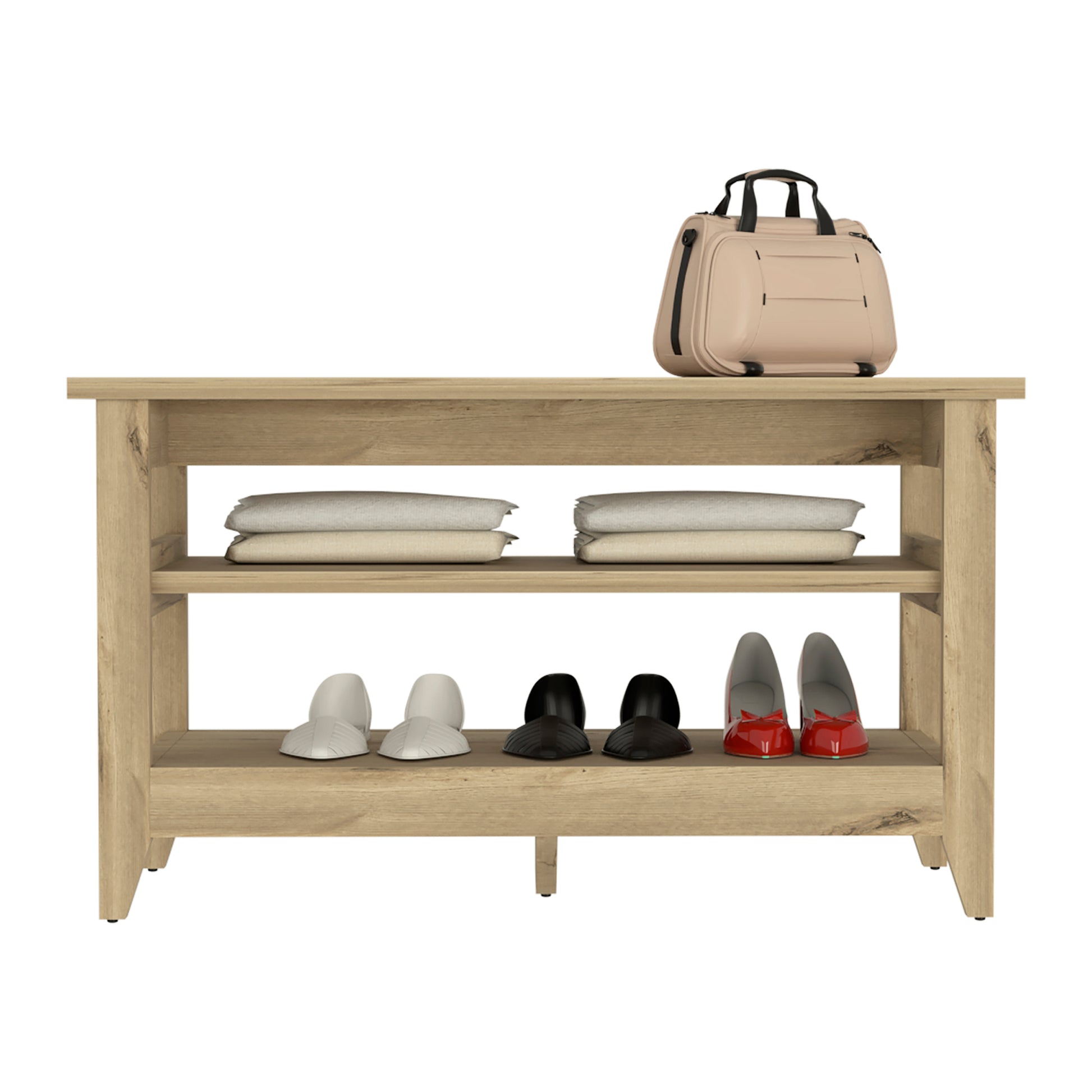 Storage Bench Susho, Upper And Lower Shelf, Light Oak Finish Light Oak Particle Board