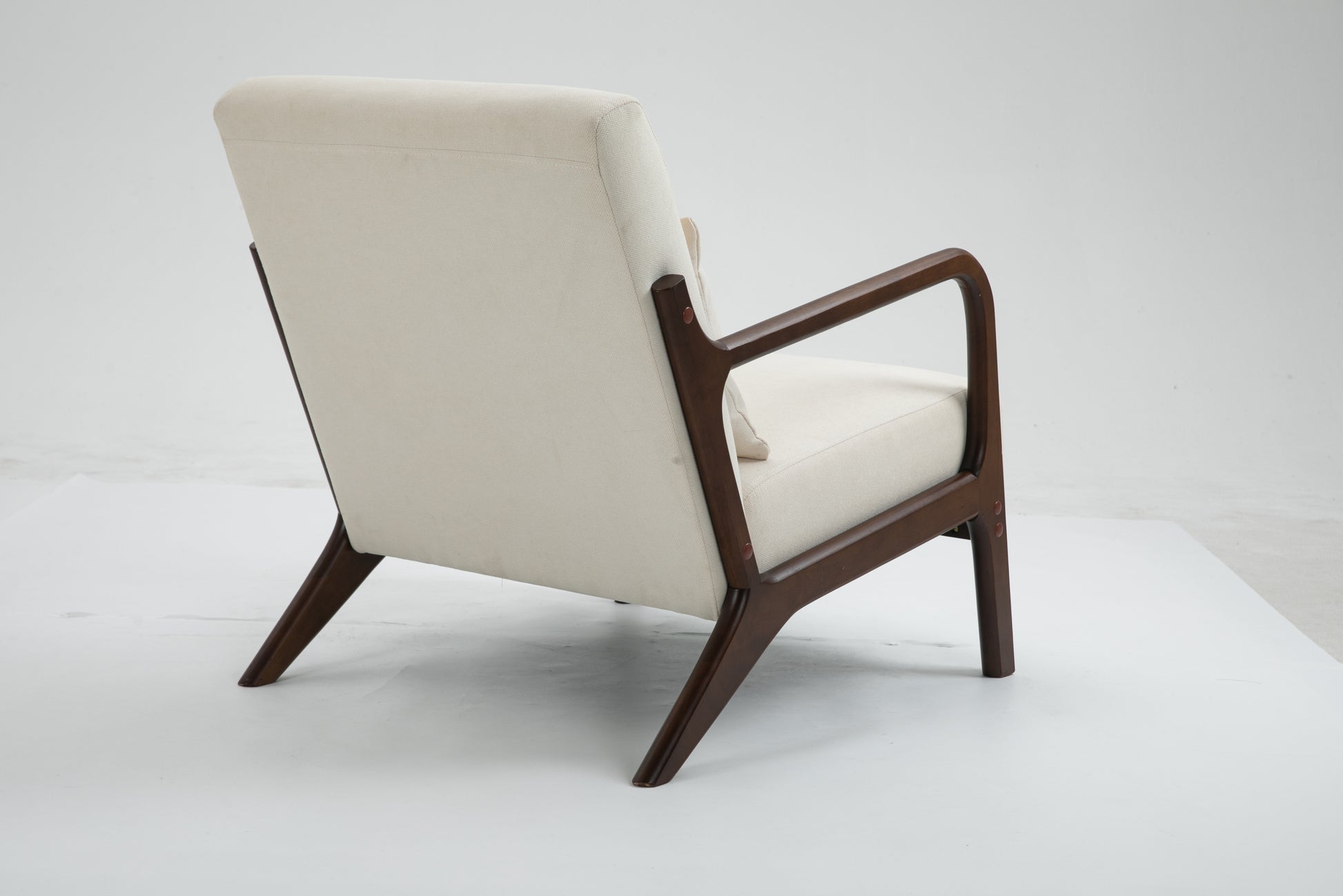 Mid Century Modern Accent Chair With Wood Frame, Upholstered Living Room Chairs With Waist Cushion, Reading Armchair For Bedroom Sunroom White Cotton Velvet