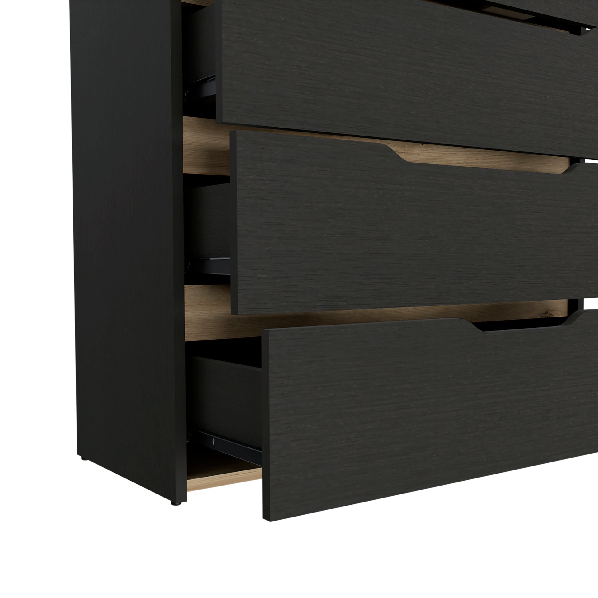 Dresser Oboe, Superior Top, Four Drawers, Black Wengue Light Oak Finish Light Oak Particle Board
