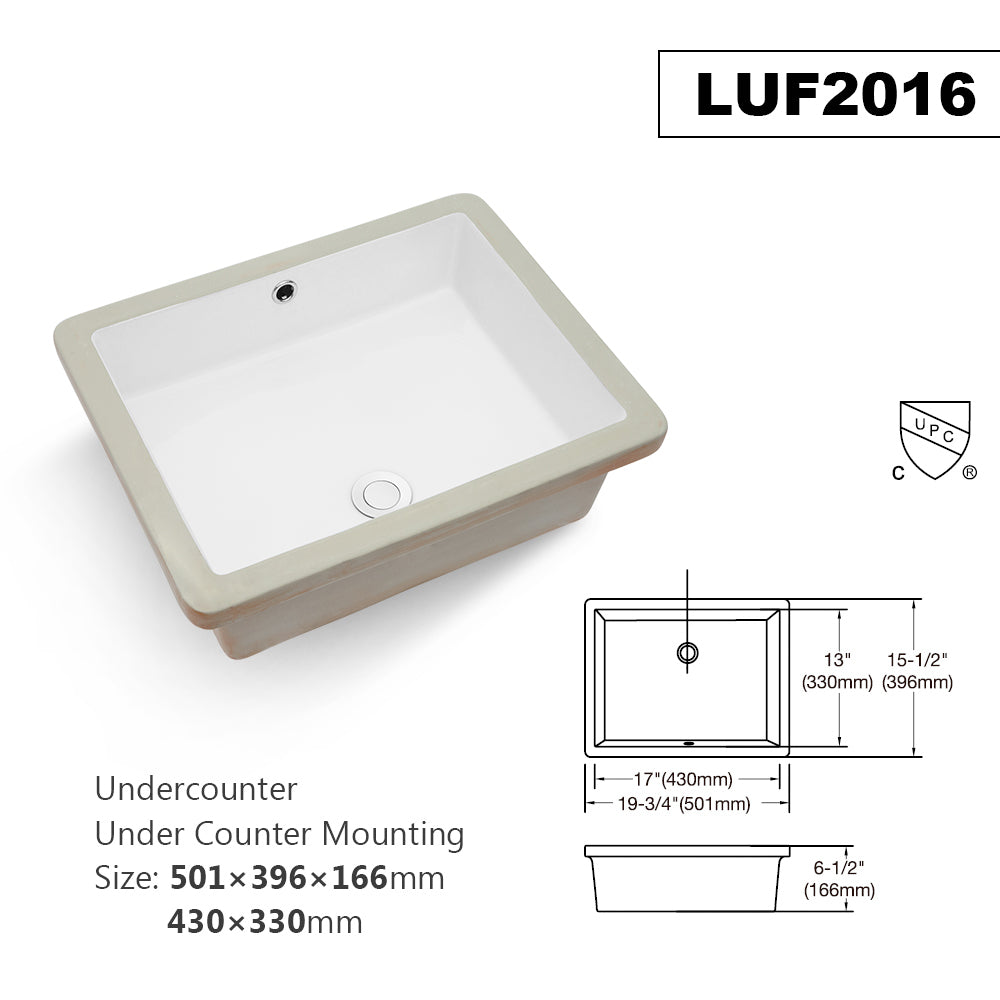 20"X15.5" White Ceramic Rectangular Undermount Bathroom Sink With Overflow White Ceramic