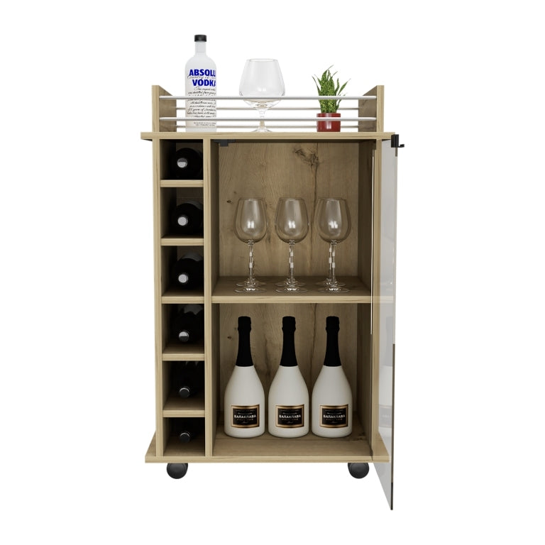 Bar Cart Baltimore, Two Tier Cabinet With Glass Door, Six Wine Cubbies, Light Oak Finish Light Oak Particle Board