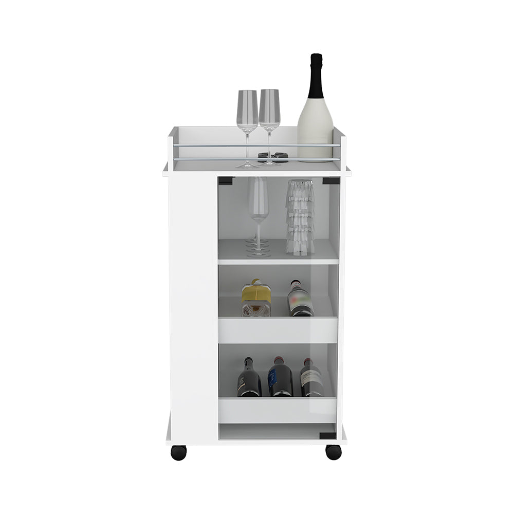 Bar Cart With Two Side Shelves Beaver, Glass Door And Upper Surface, White Finish White Particle Board