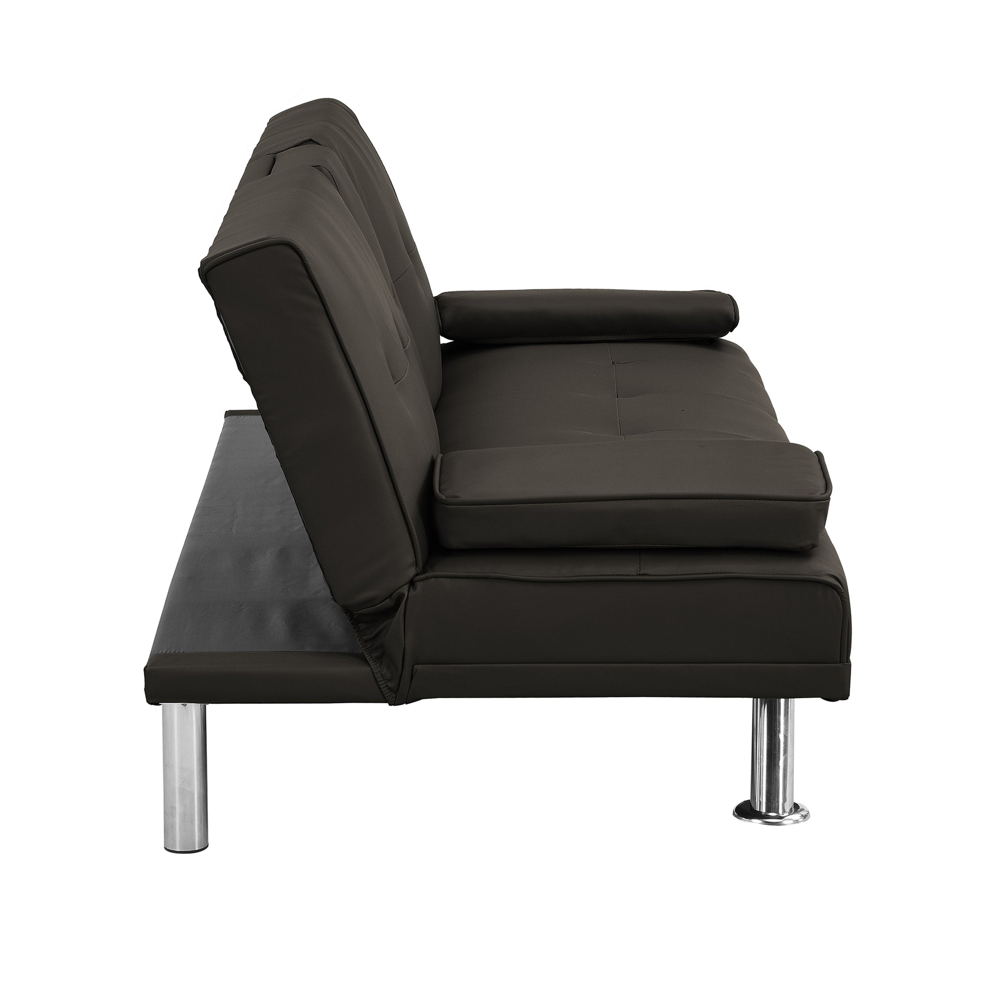Sofa Bed With Armrest Two Holders Wood Frame, Stainless Leg, Futon Brown Pvc,Dark Brown Dark Brown Pvc