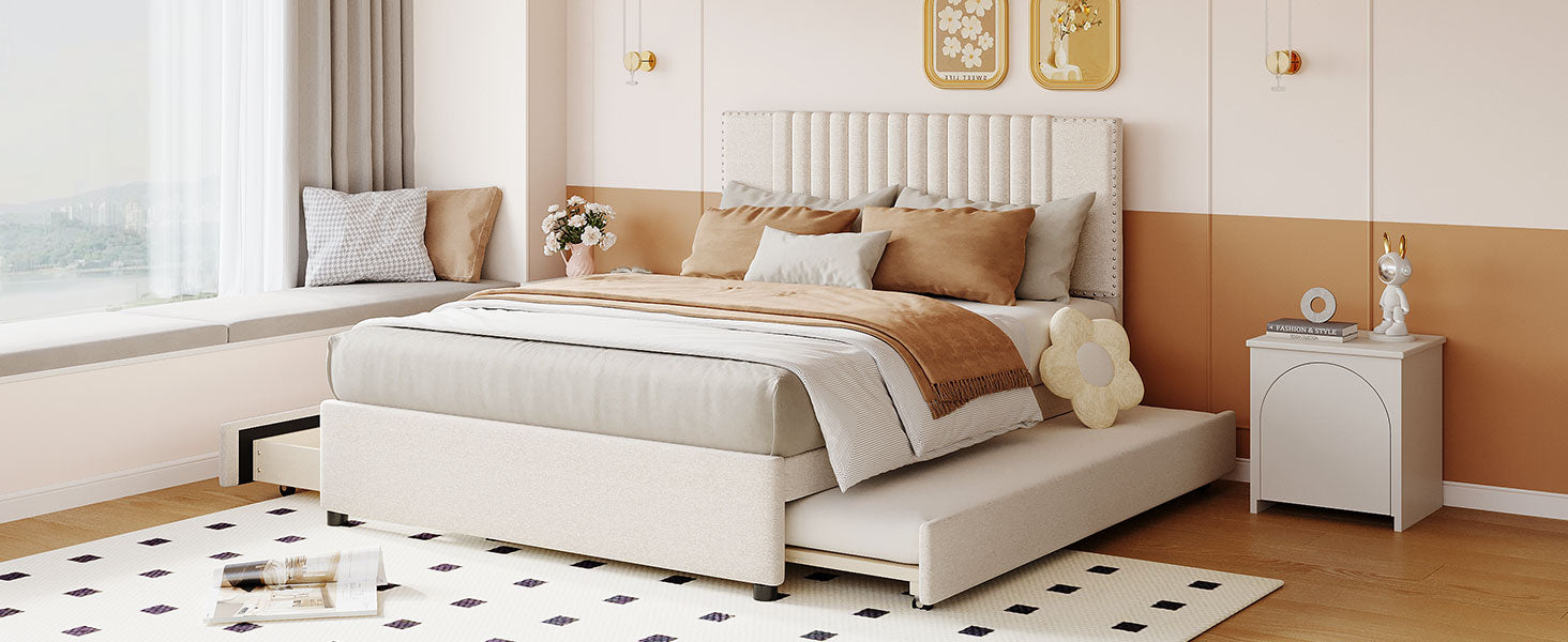 Full Size Upholstered Platform Bed With 2 Drawers And 1 Twin Size Trundle, Classic Headboard Design, Beige Full Beige Linen