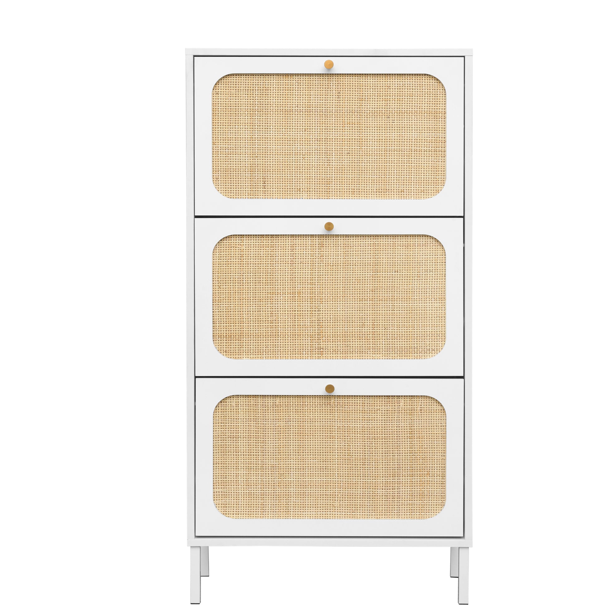 Natural Rattan 3 Door Shoe Rack, Freestanding Modern Shoe Storage Cabinet, For Entryway White Particle Board