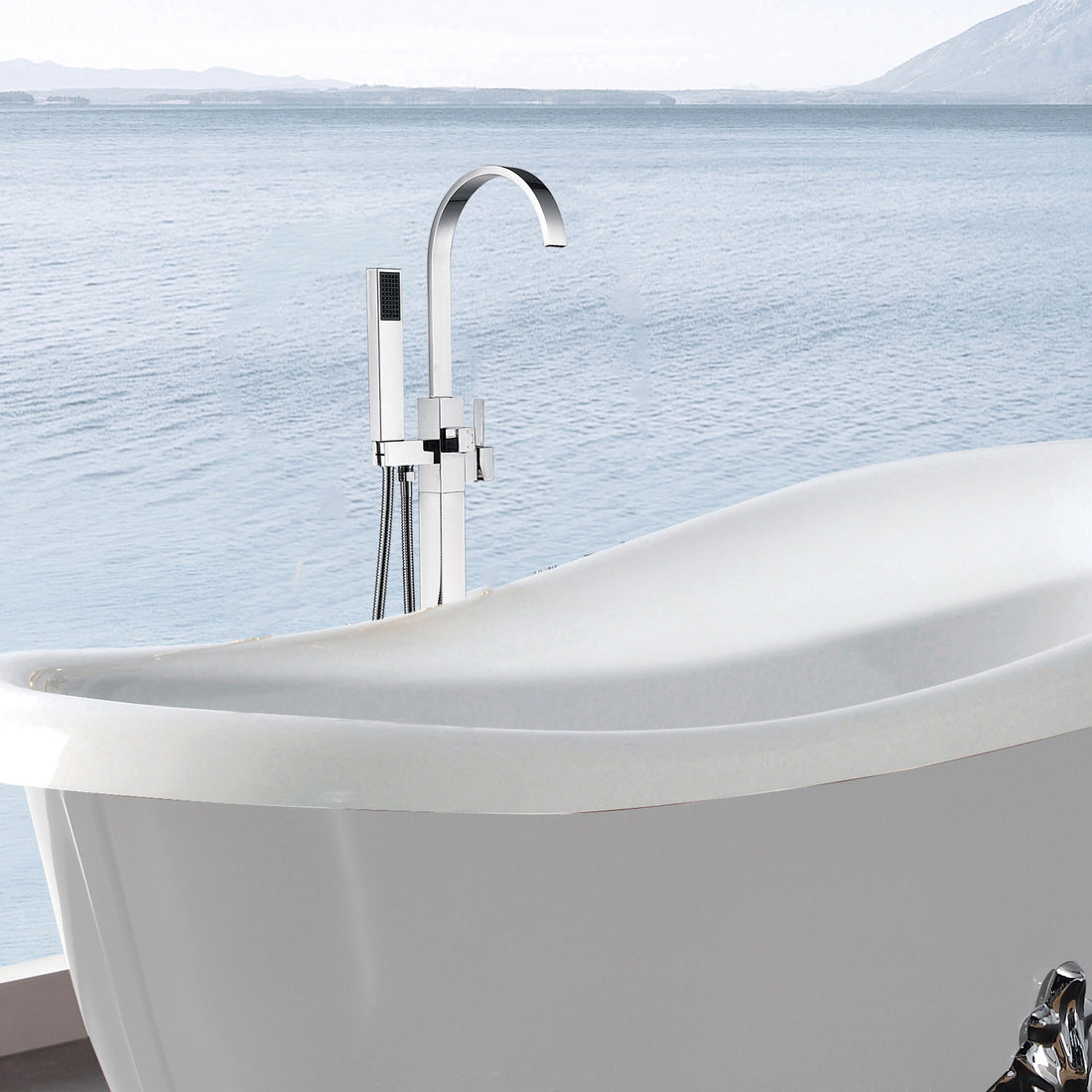 Freestanding Bathtub Faucet With Hand Shower Chrome Metal