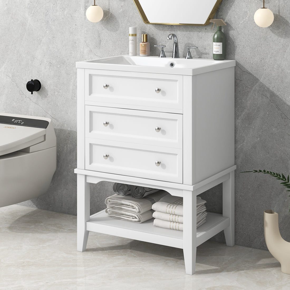 24" Bathroom Vanity With Sink, Bathroom Storage Cabinet With Drawer And Open Shelf, Solid Wood Frame, White White Solid Wood Mdf