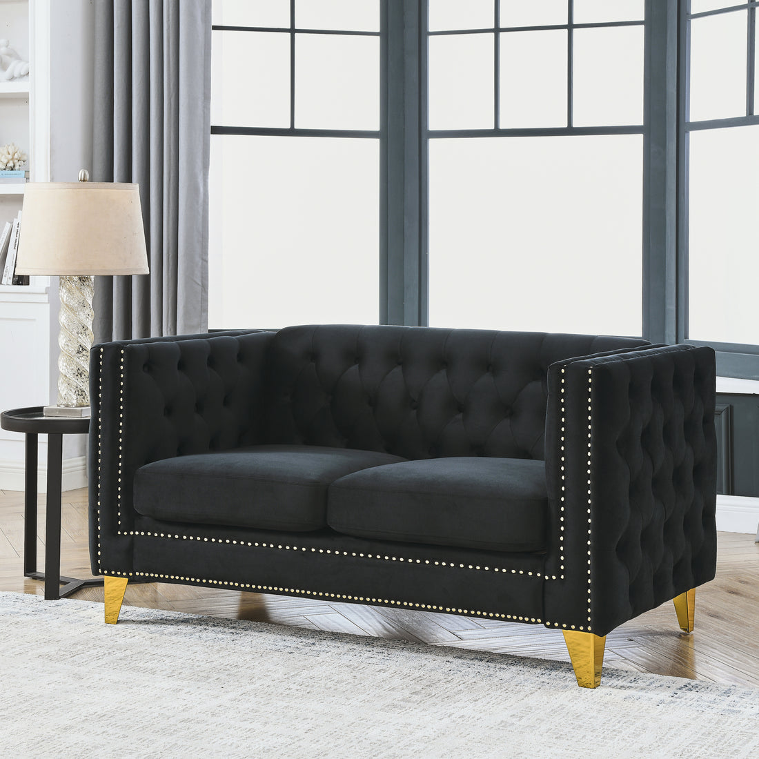 Contact Us For 3D Modeling Velvet Sofa For Living Room,Buttons Tufted Square Arm Couch, Modern Couch Upholstered Button And Metal Legs, Sofa Couch For Bedroom, Black Velvet 2S W834S00053 Black Foam Velvet