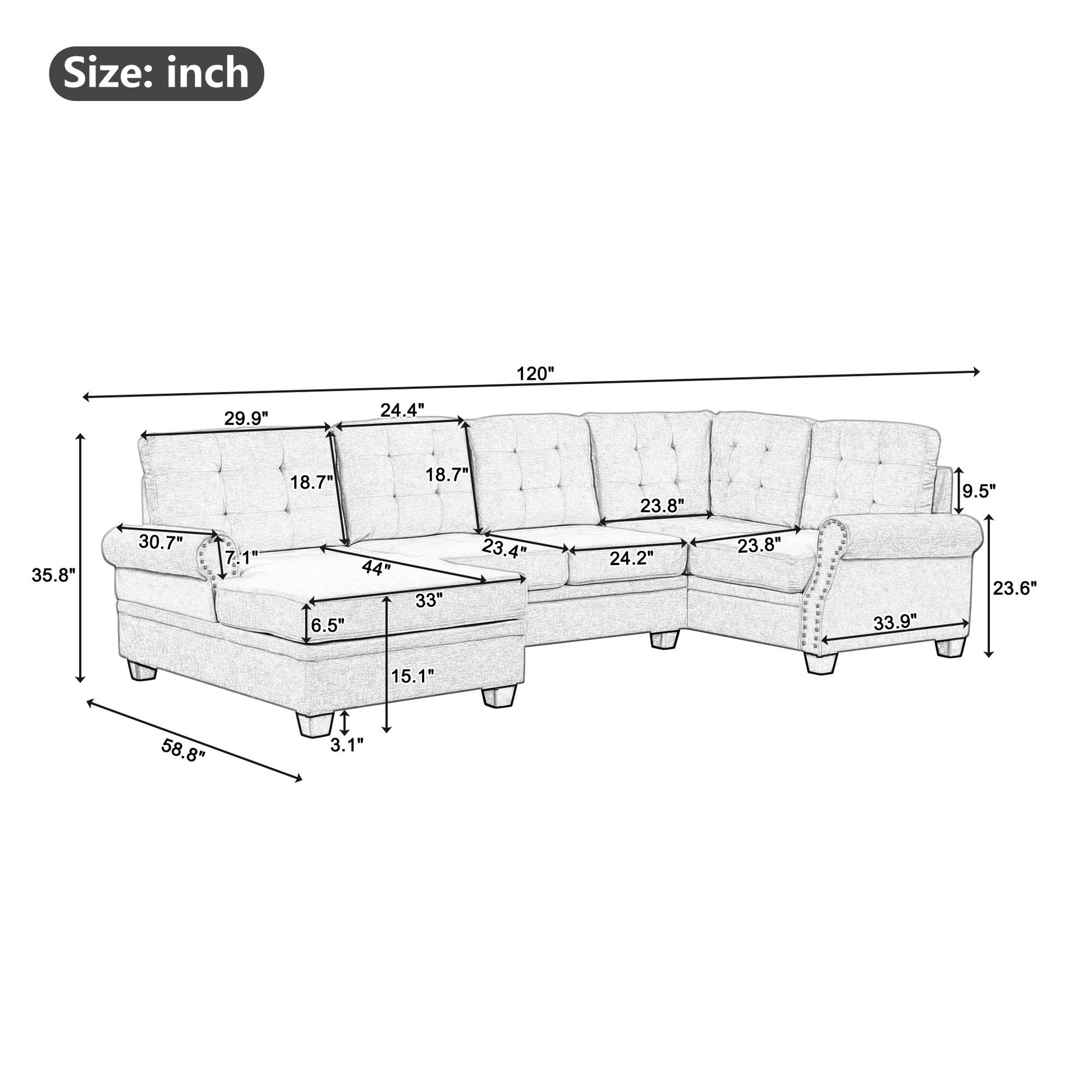 120" Modern U Shaped Corner Sectional Sofa Upholstered Linen Fabric Sofa Couch For Living Room, Bedroom, Beige Beige Foam Linen