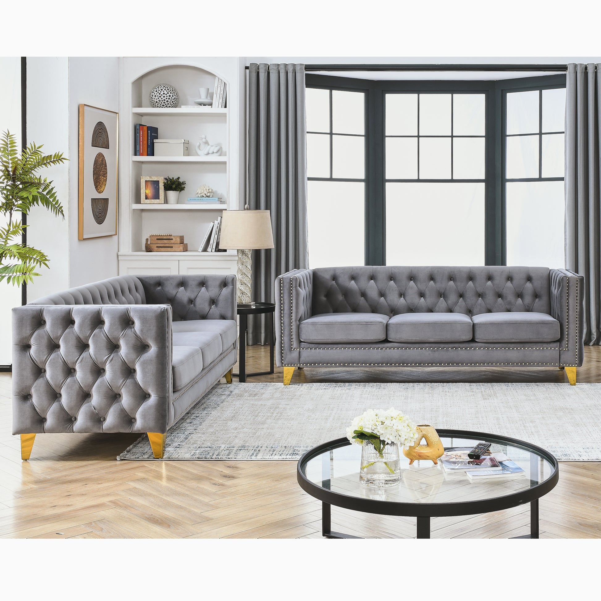 Contact Us For 3D Modeling Velvet Sofa For Living Room,Buttons Tufted Square Arm Couch, Modern Couch Upholstered Button And Metal Legs, Sofa Couch For Bedroom, Grey Velvet .2Pcs Gray Foam Velvet