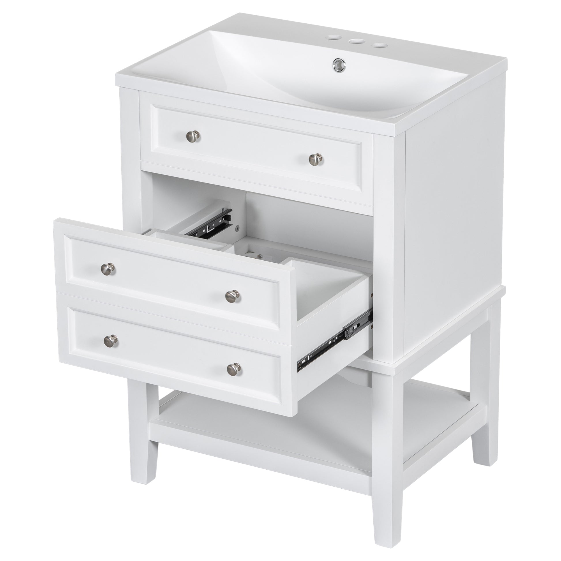 24" Bathroom Vanity With Sink, Bathroom Storage Cabinet With Drawer And Open Shelf, Solid Wood Frame, White White Solid Wood Mdf