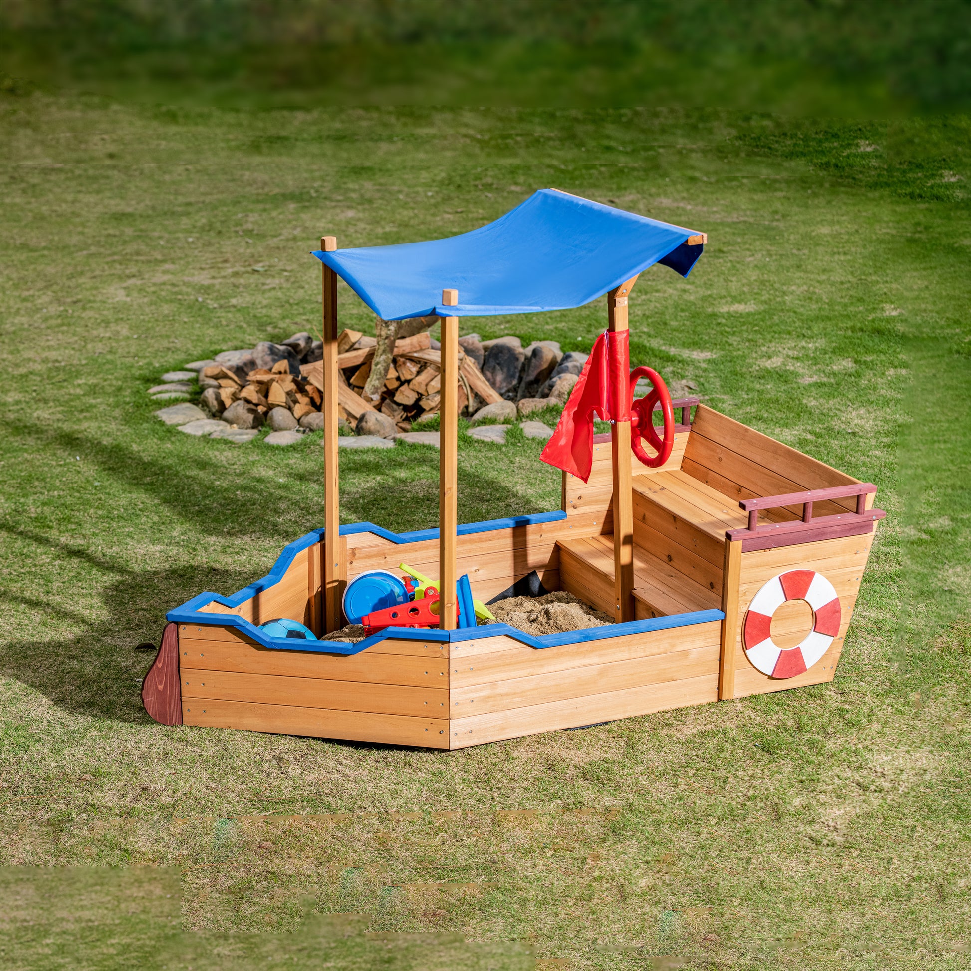 Outsunny Pirate Sandbox With Cover And Rudder, Wooden Sandbox With Storage Bench And Seat, Outdoor Toy For Kids Ages 3 8 Years Old Natural Wood 200 Lbs & Over American Design,Cute,Pastoral 5 To 8 Years Solid Wood Indoor & Outdoor Use