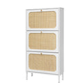 Natural Rattan 3 Door Shoe Rack, Freestanding Modern Shoe Storage Cabinet, For Entryway White Particle Board