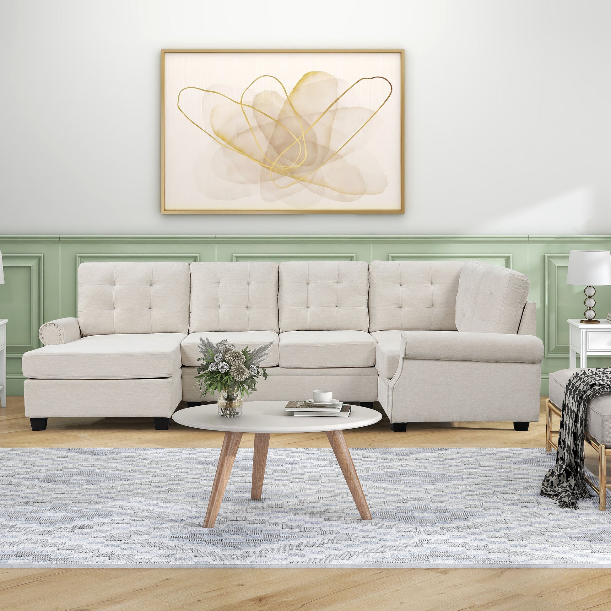 120" Modern U Shaped Corner Sectional Sofa Upholstered Linen Fabric Sofa Couch For Living Room, Bedroom, Beige Beige Foam Linen