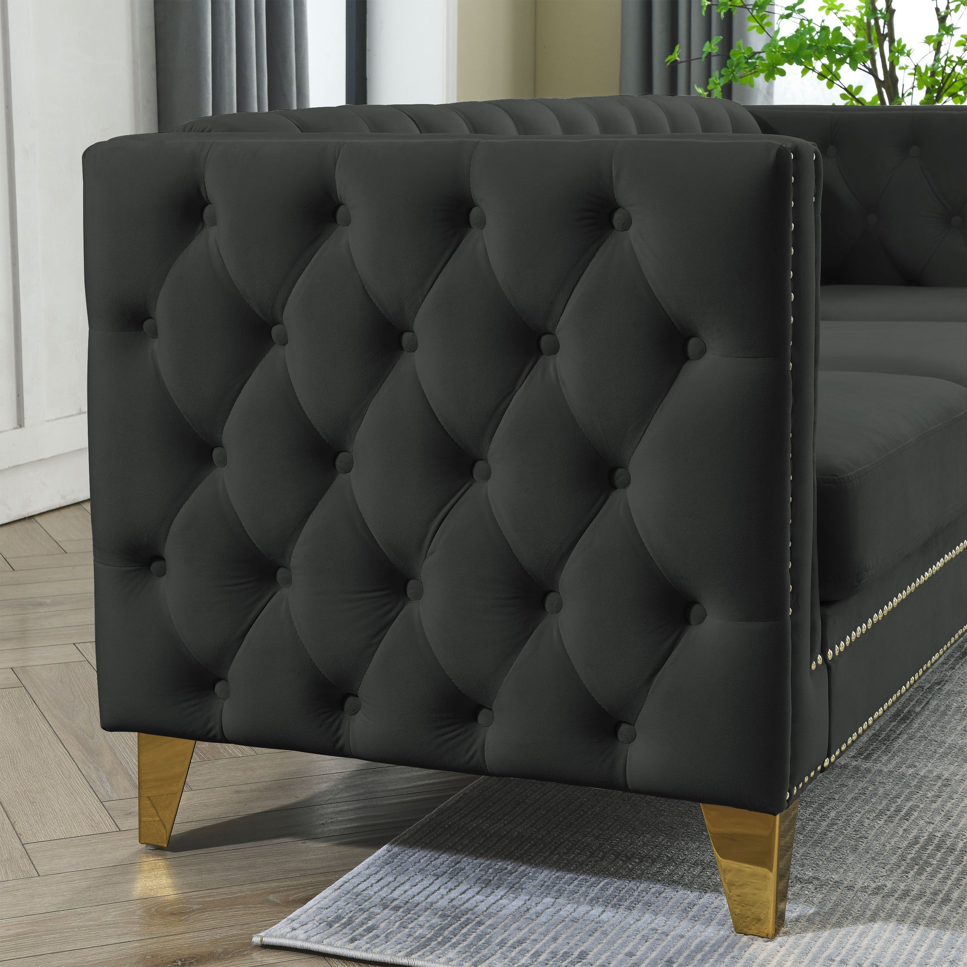 Contact Us For 3D Modeling Velvet Sofa For Living Room,Buttons Tufted Square Arm Couch, Modern Couch Upholstered Button And Metal Legs, Sofa Couch For Bedroom, Black Velvet 2S Black Foam Velvet