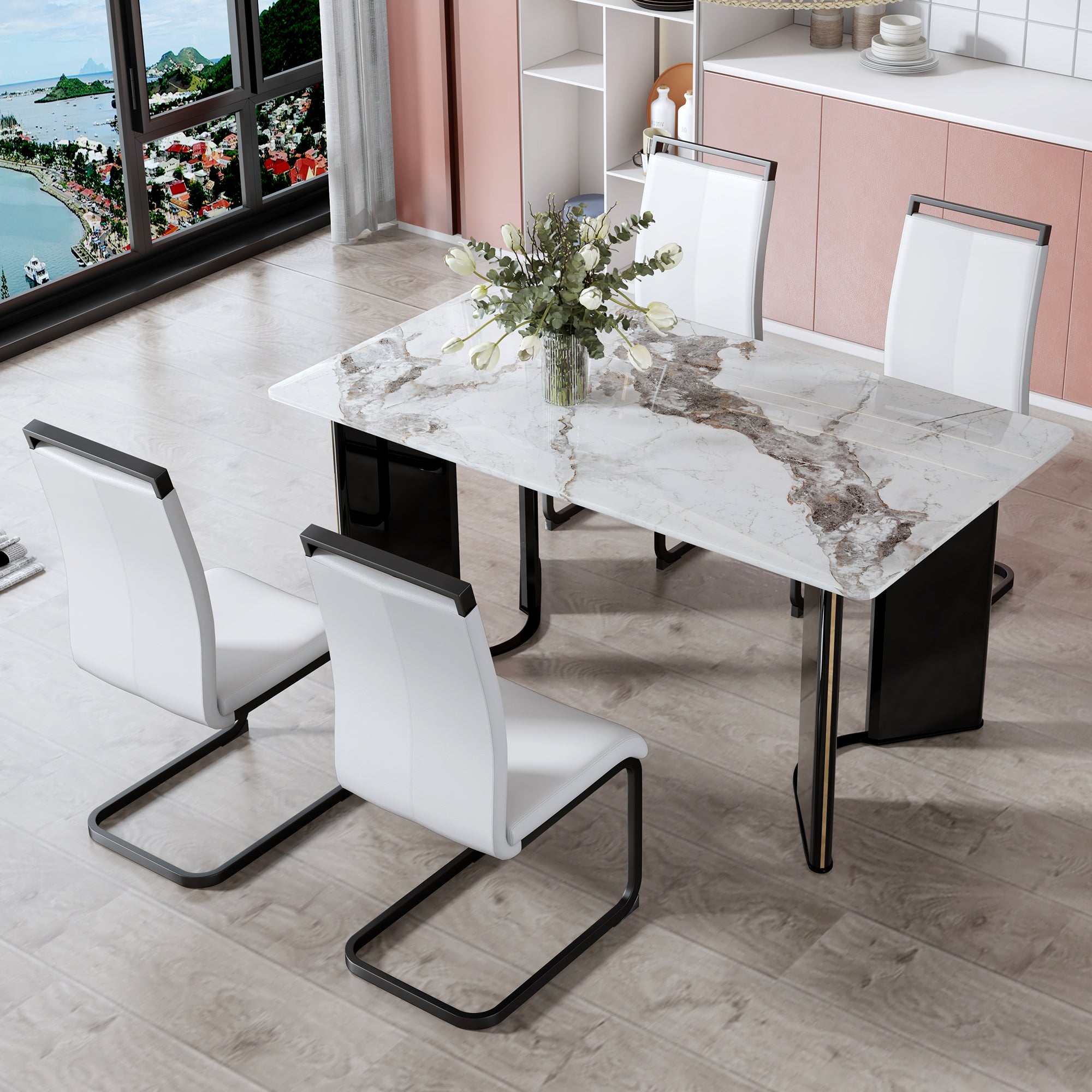 Table And Chair Set. A White Imitation Marble Desktop With Mdf Legs And Gold Metal Decorative Strips. Paired With 4 Dining Chairs With White Backrest And Black Metal Legs.F Hh C 1162 White Mdf Glass