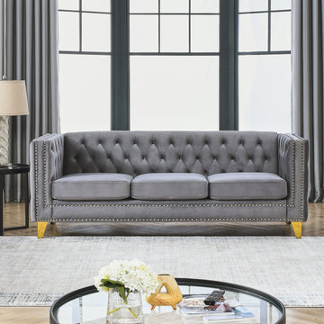Contact Us For 3D Modeling Velvet Sofa For Living Room,Buttons Tufted Square Arm Couch, Modern Couch Upholstered Button And Metal Legs, Sofa Couch For Bedroom, Grey Velvet W834S00020 Gray Foam Velvet