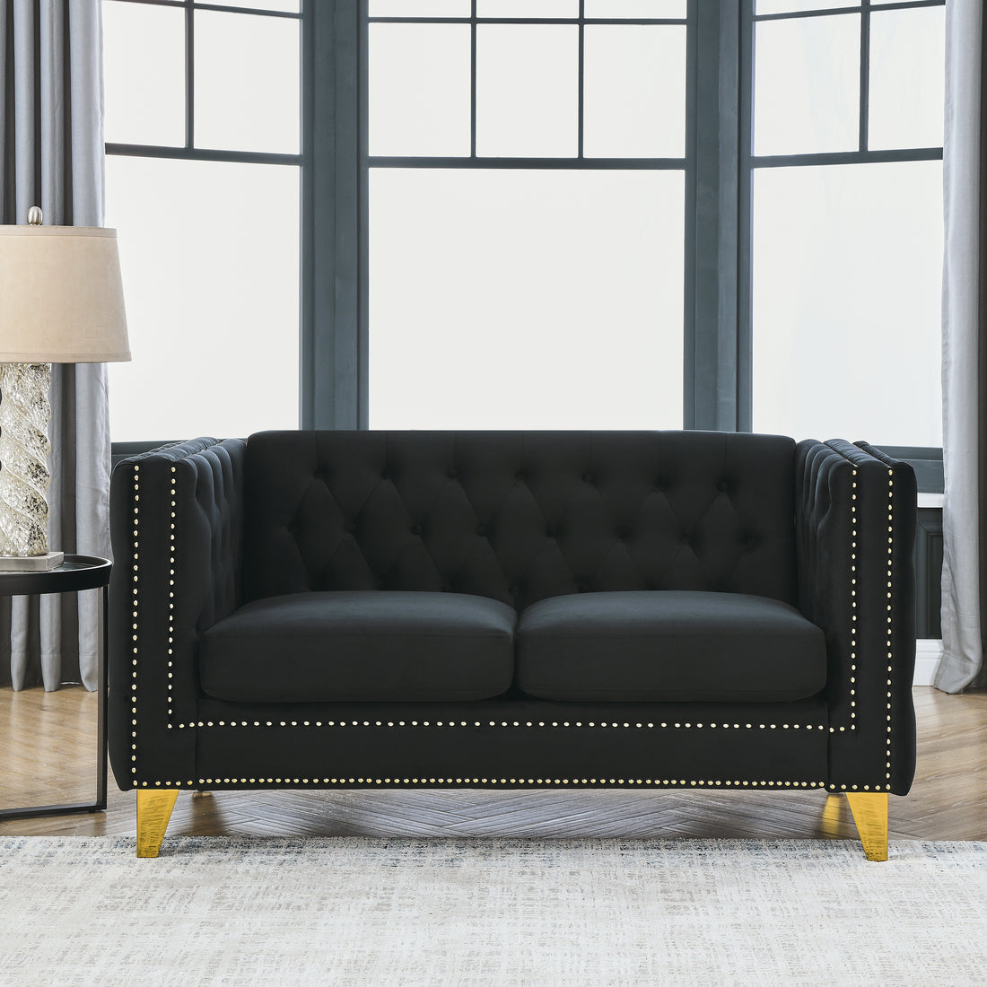 Contact Us For 3D Modeling Velvet Sofa For Living Room,Buttons Tufted Square Arm Couch, Modern Couch Upholstered Button And Metal Legs, Sofa Couch For Bedroom, Black Velvet 2S Black Foam Velvet