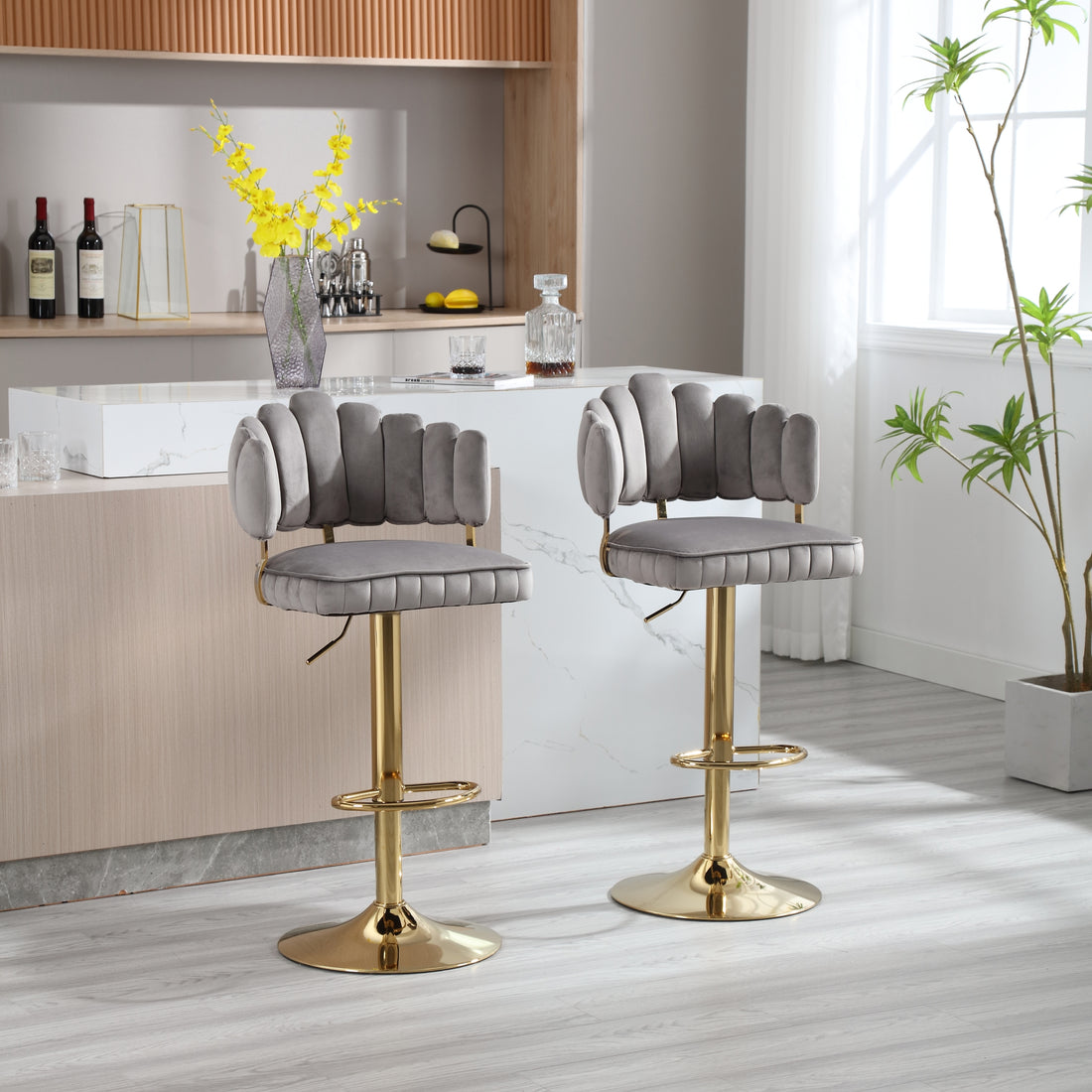 Coolmore Swivel Bar Stools Set Of 2 Adjustable Counter Height Chairs With Footrest For Kitchen, Dining Room Gray Velvet
