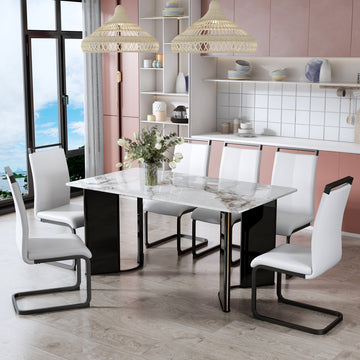 Table And Chair Set. A White Imitation Marble Desktop With Mdf Legs And Gold Metal Decorative Strips. Paired With 6 Dining Chairs With White Backrest And Black Metal Legs.F Hh C 1162 White Mdf Glass