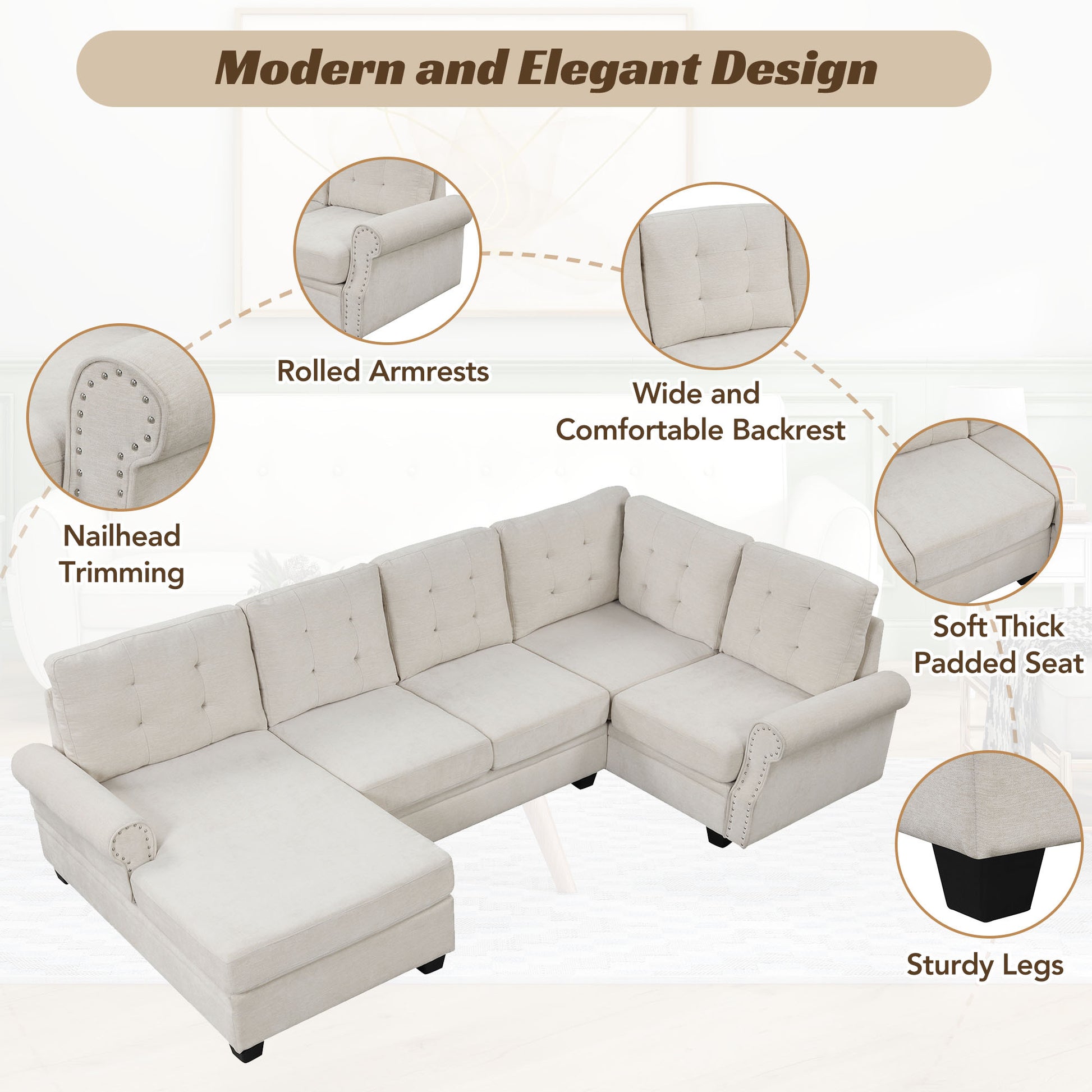 120" Modern U Shaped Corner Sectional Sofa Upholstered Linen Fabric Sofa Couch For Living Room, Bedroom, Beige Beige Foam Linen