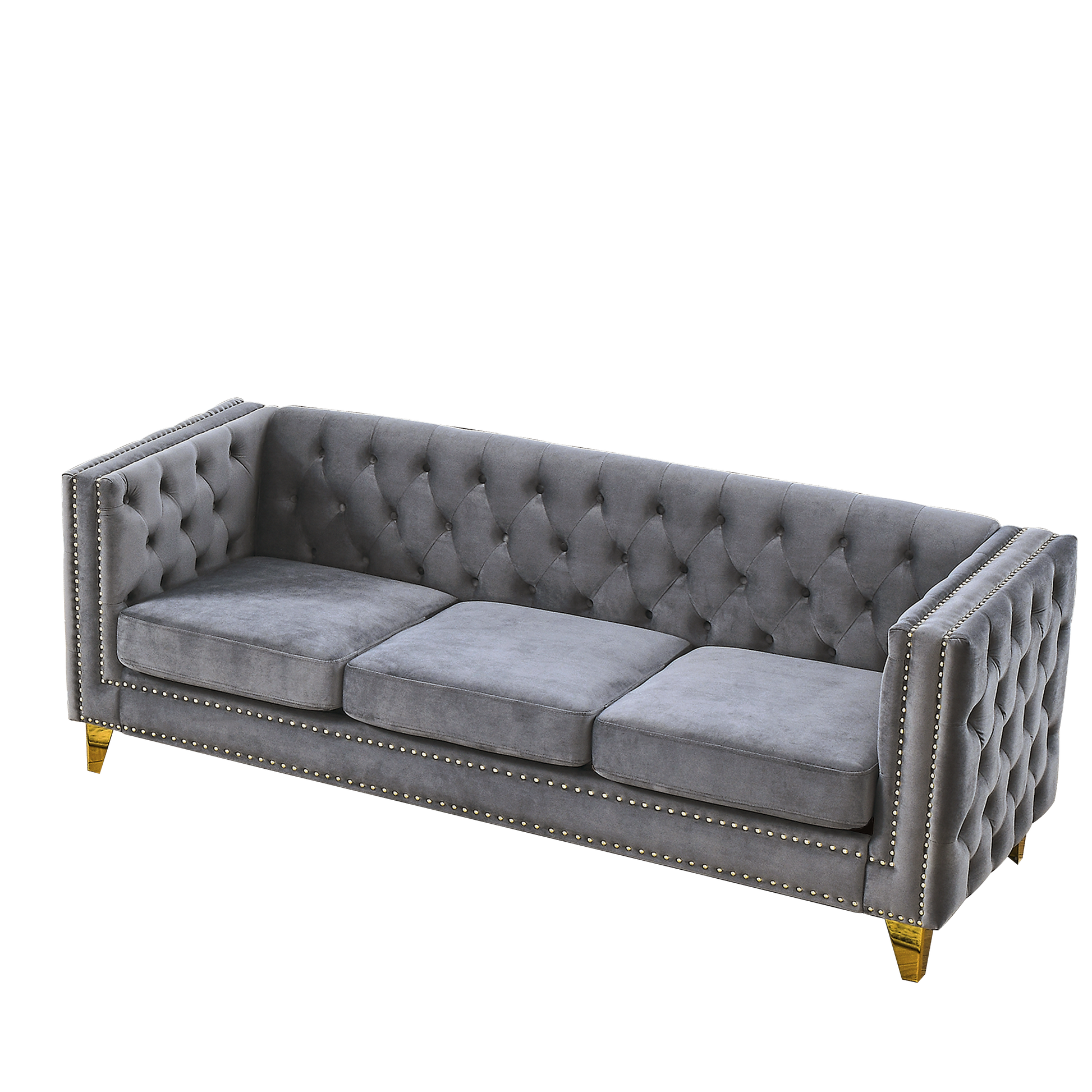 Contact Us For 3D Modeling Velvet Sofa For Living Room,Buttons Tufted Square Arm Couch, Modern Couch Upholstered Button And Metal Legs, Sofa Couch For Bedroom, Grey Velvet .2Pcs Gray Foam Velvet