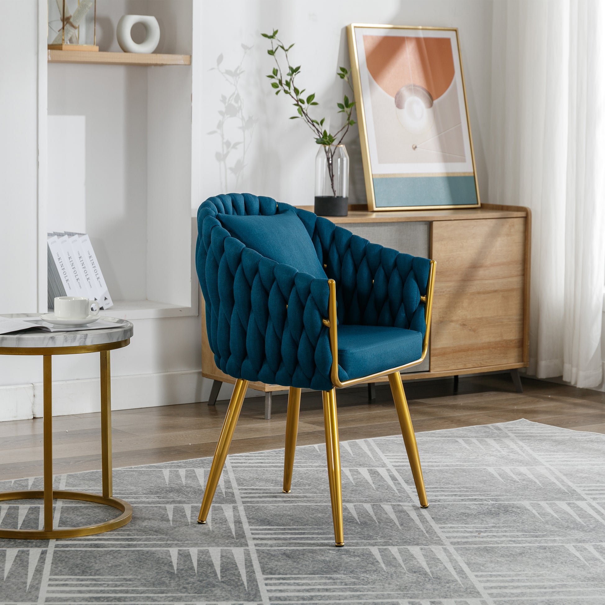 Handwoven Modern Chairs, Casual Chairs, Universal Foot Nails, Metal Chair Legs With Pillows Peacock Blue Navy Green Primary Living Space Linen