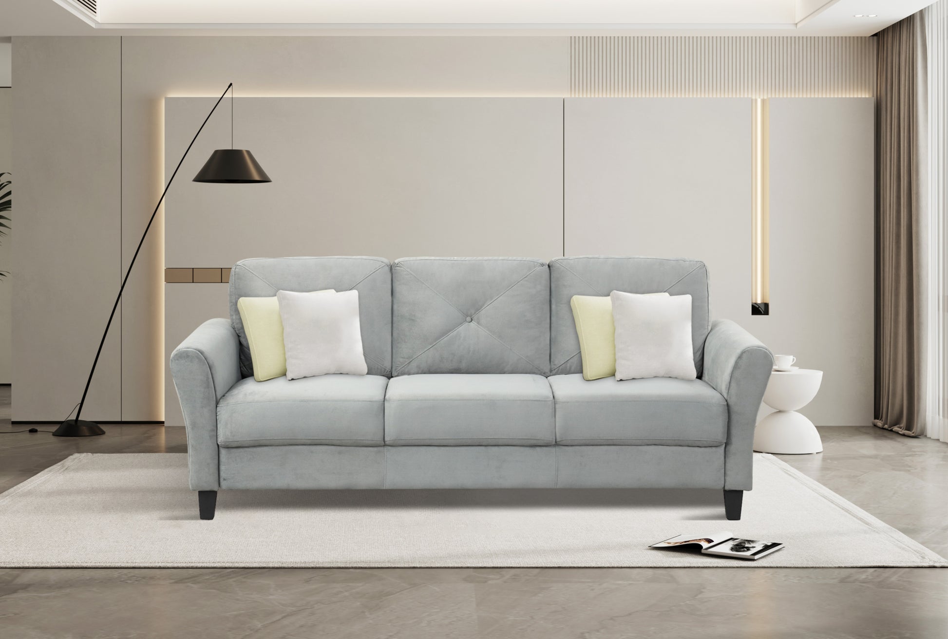 Fashionable Living Room Sofa For 3 People, Gray Fabric Antique Dark Grey Brown Polyester Wood Primary Living Space Soft American Traditional Rubberwood Memory Foam And Polyurethane Foam Polyester 3 Seat