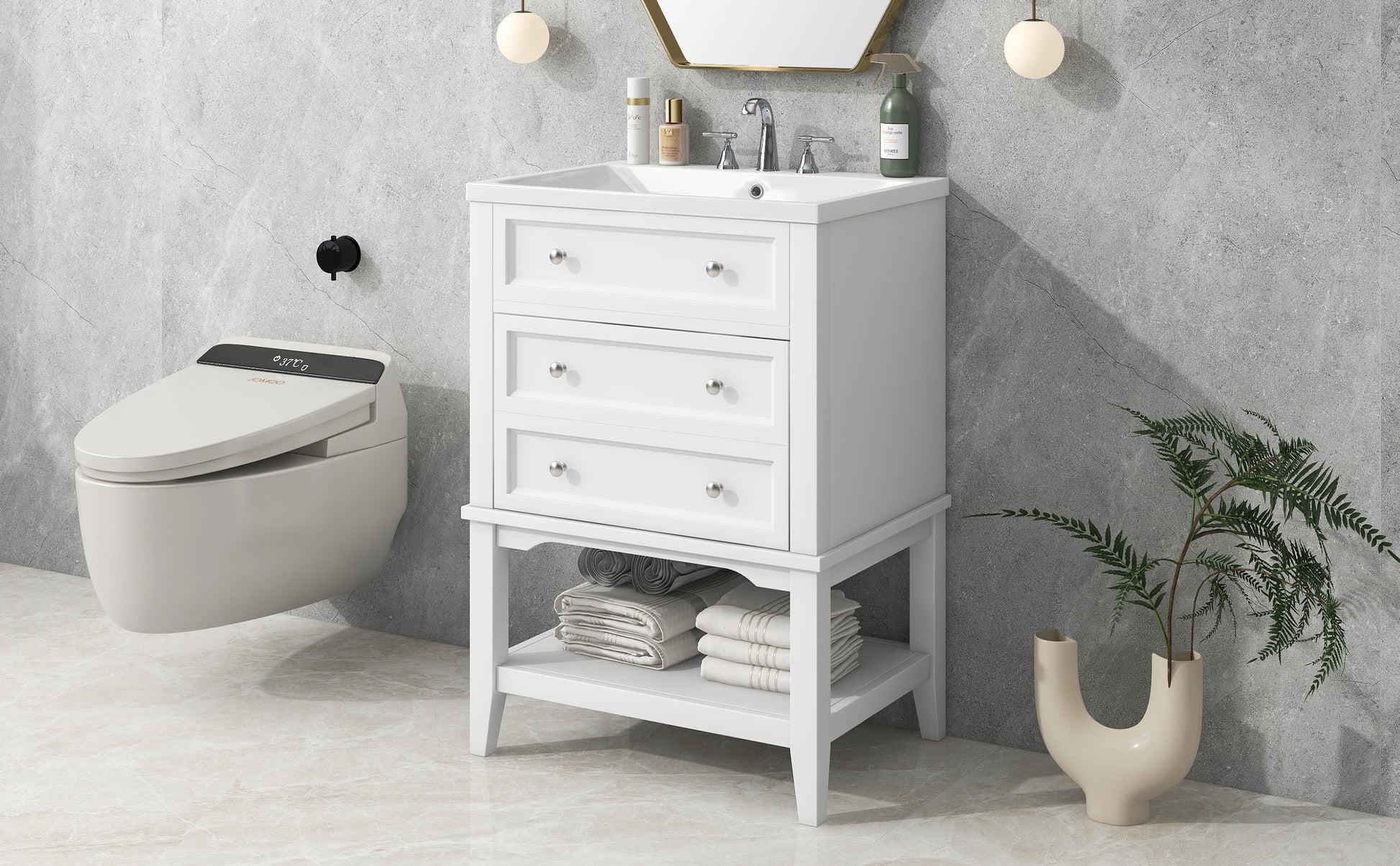 24" Bathroom Vanity With Sink, Bathroom Storage Cabinet With Drawer And Open Shelf, Solid Wood Frame, White White Solid Wood Mdf