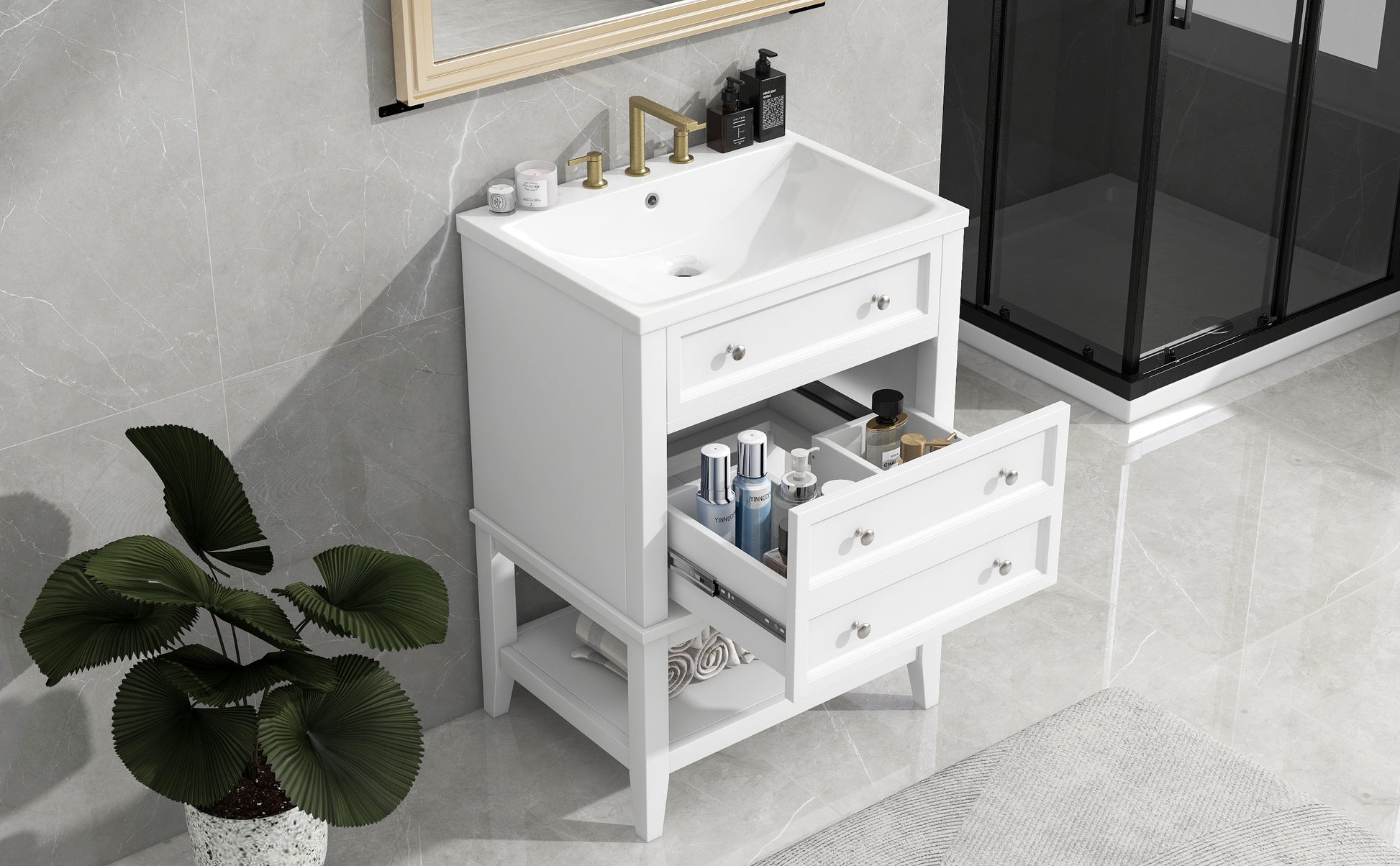 24" Bathroom Vanity With Sink, Bathroom Storage Cabinet With Drawer And Open Shelf, Solid Wood Frame, White White Solid Wood Mdf