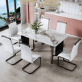 Table And Chair Set. A White Imitation Marble Desktop With Mdf Legs And Gold Metal Decorative Strips. Paired With 6 Dining Chairs With White Backrest And Black Metal Legs.F Hh C 1162 White Mdf Glass