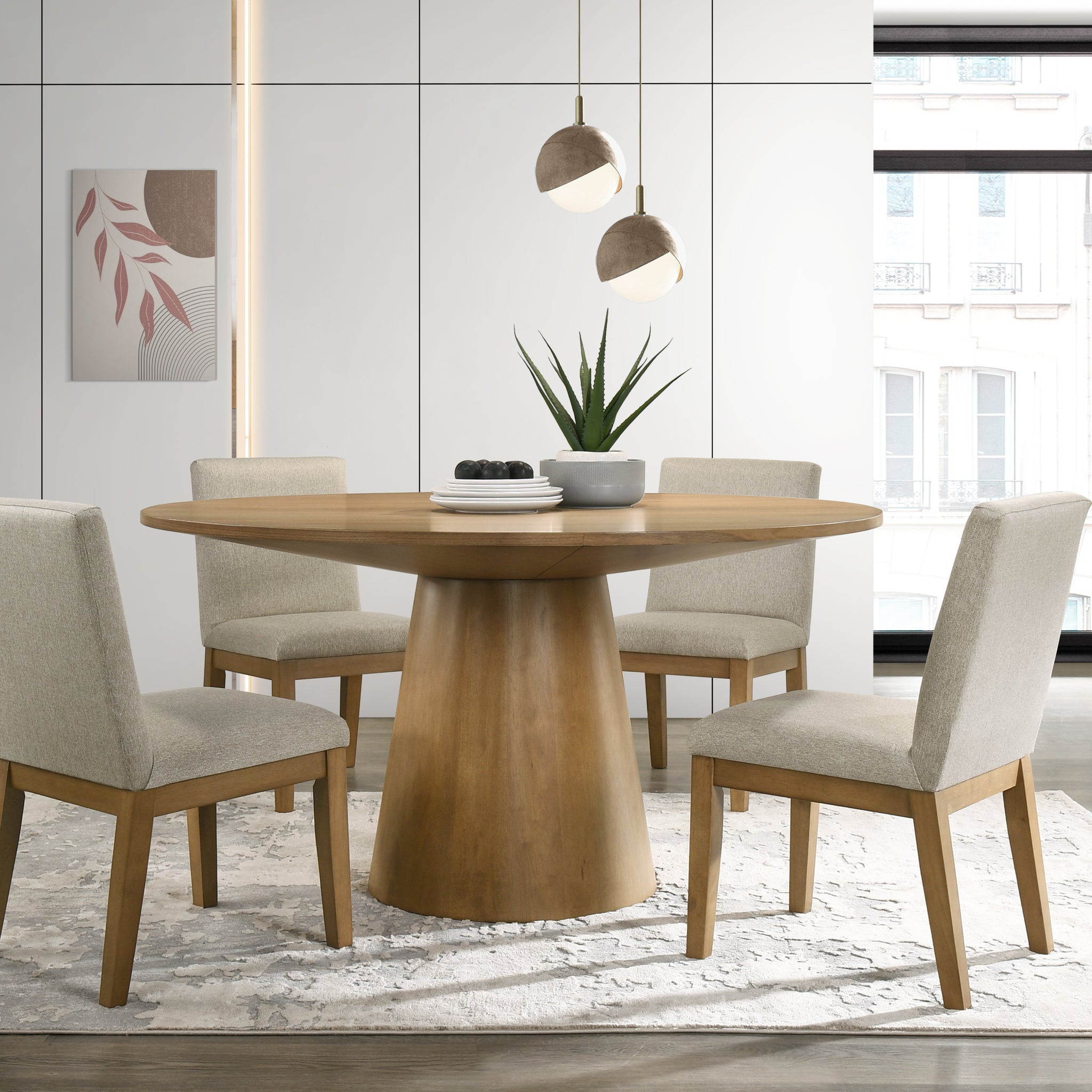 Jasper Driftwood Finish 5 Piece 59" Wide Contemporary Round Dining Table Set With Beige Fabric Chairs Wood Wood