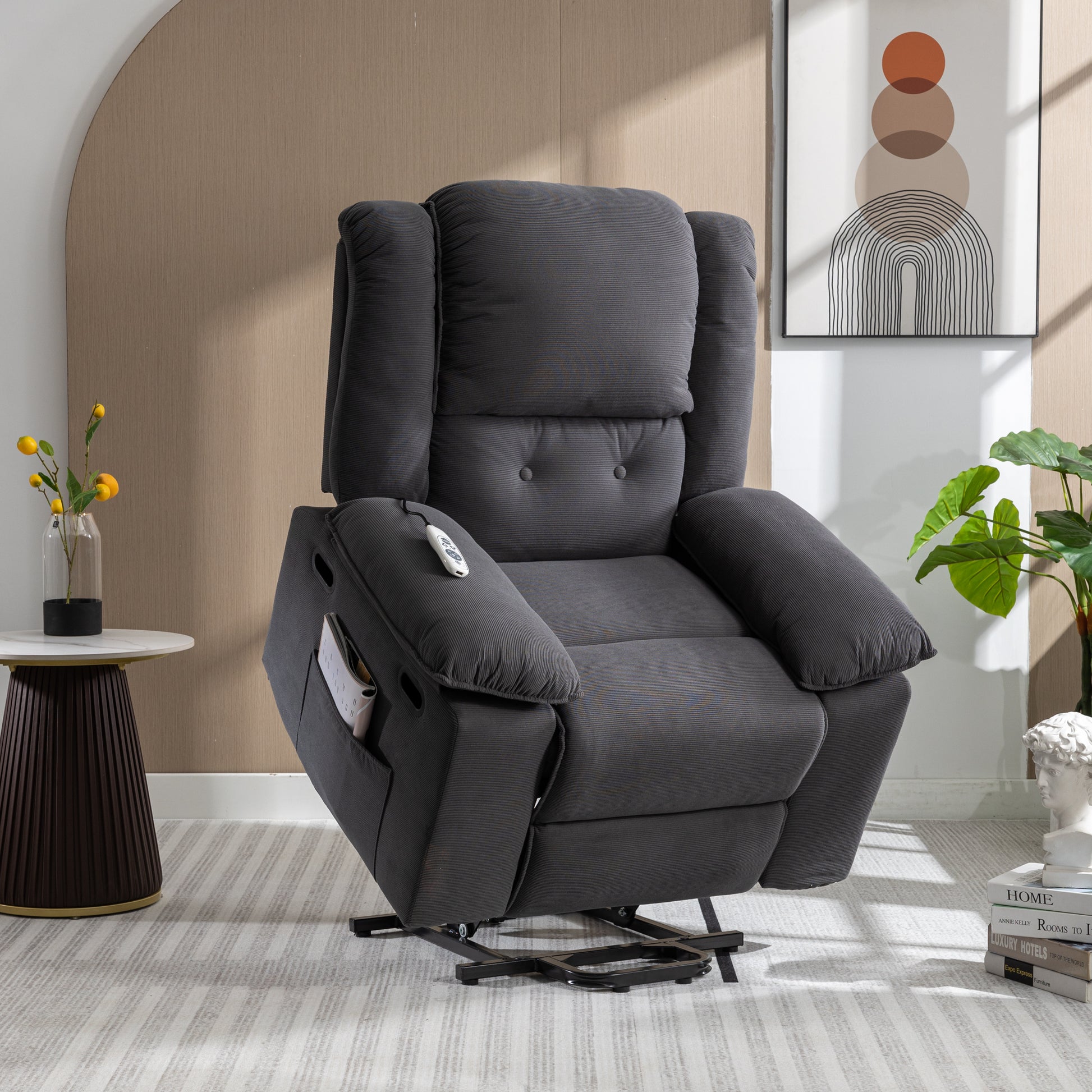 Massage Recliner,Power Lift Chair For Elderly With Adjustable Massage And Heating Function,Recliner Chair With Infinite Position And Side Pocket For Living Room ,Gray Gray Foam Corduroy