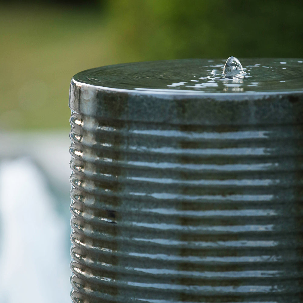 19.5X19.5X43.5" Large Concrete Cylinder Green & Brown Ribbed Water Fountain, Outdoor Bird Feeder Bath Fountain, Modern Industrial Style Antique Green Garden & Outdoor American Design,Antique,Contemporary,Industrial,Modern Concrete