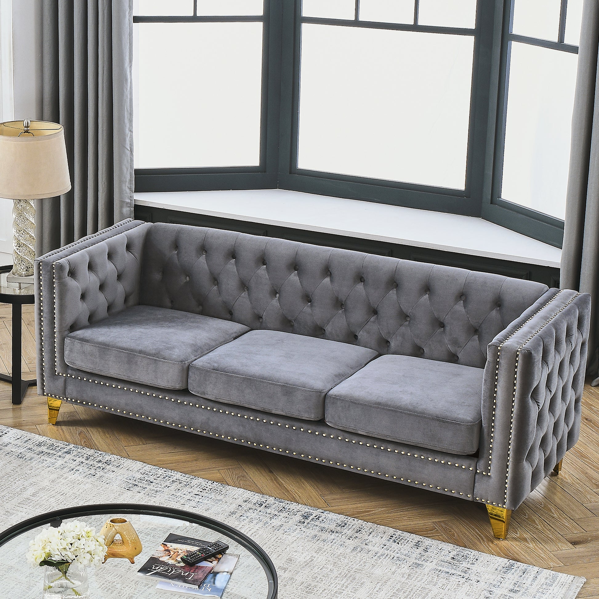 Contact Us For 3D Modeling Velvet Sofa For Living Room,Buttons Tufted Square Arm Couch, Modern Couch Upholstered Button And Metal Legs, Sofa Couch For Bedroom, Grey Velvet .2Pcs Gray Foam Velvet