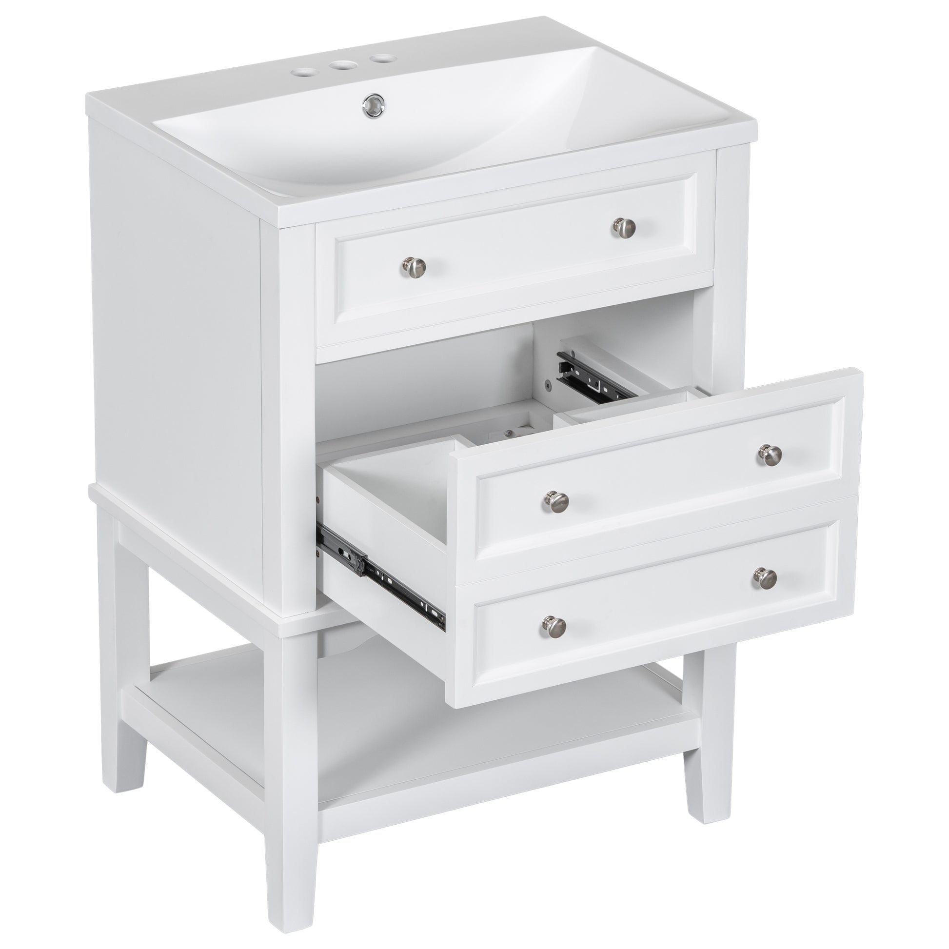 24" Bathroom Vanity With Sink, Bathroom Storage Cabinet With Drawer And Open Shelf, Solid Wood Frame, White White Solid Wood Mdf