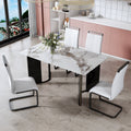 Table And Chair Set. A White Imitation Marble Desktop With Mdf Legs And Gold Metal Decorative Strips. Paired With 4 Dining Chairs With White Backrest And Black Metal Legs.F Hh C 1162 White Mdf Glass