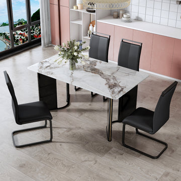 Table And Chair Set. 1 Table And 4 Chairs. Rectangular Dining Table, White Imitation Marble Tabletop, Mdf Table Legs With Gold Metal Decorative Strips. Black Chair. Hh 1162 White Mdf Glass