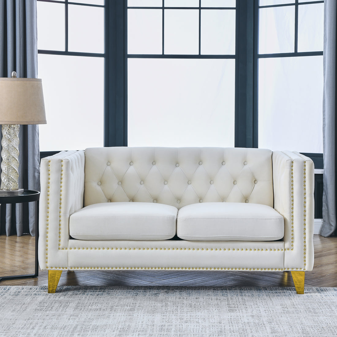 Contact Us For 3D Modeling Velvet Sofa For Living Room,Buttons Tufted Square Arm Couch, Modern Couch Upholstered Button And Metal Legs, Sofa Couch For Bedroom, Beige Velvet 2S W834S00052 Beige Foam Velvet