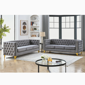 Contact Us For 3D Modeling Velvet Sofa For Living Room,Buttons Tufted Square Arm Couch, Modern Couch Upholstered Button And Metal Legs, Sofa Couch For Bedroom, Grey Velvet .2Pcs Gray Foam Velvet