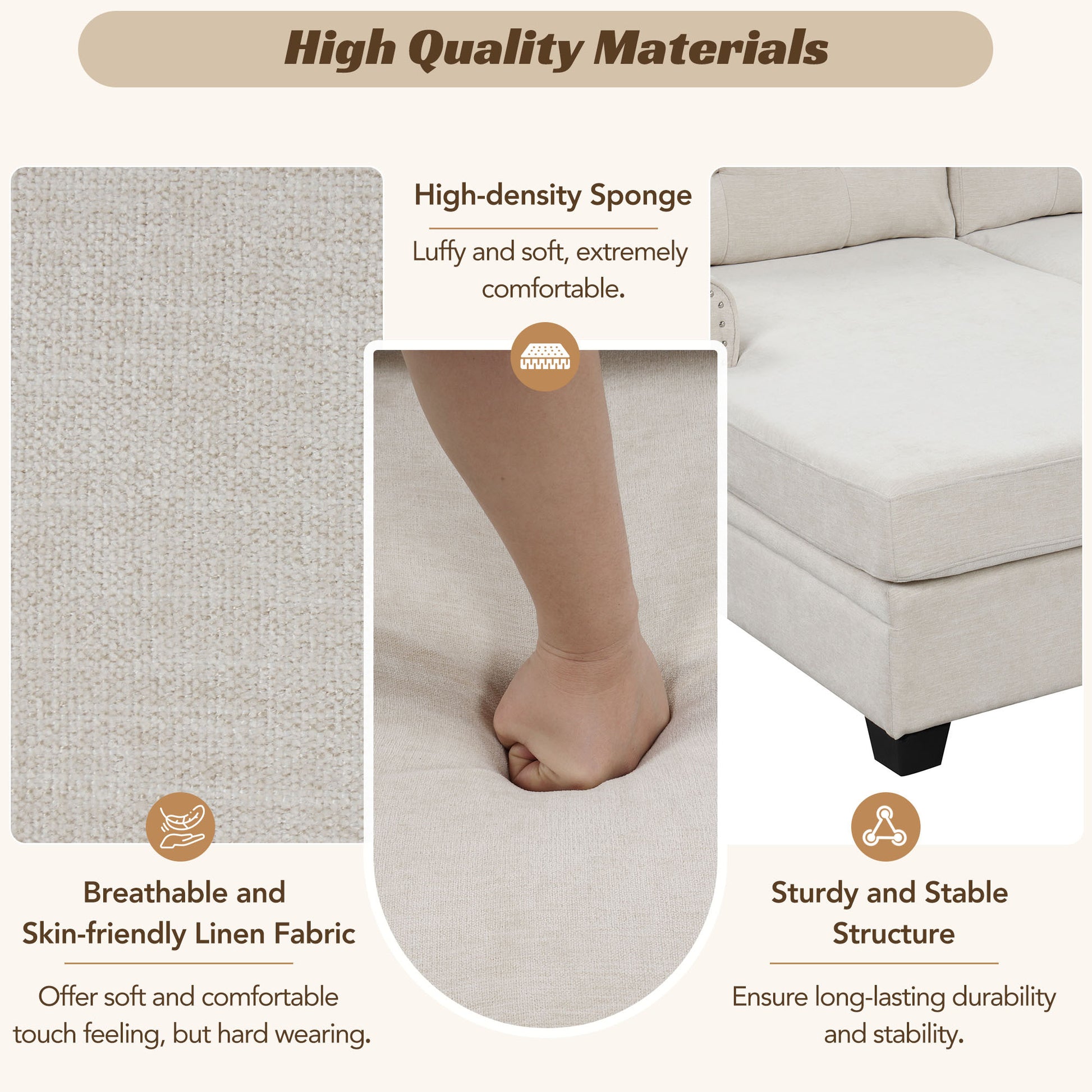 120" Modern U Shaped Corner Sectional Sofa Upholstered Linen Fabric Sofa Couch For Living Room, Bedroom, Beige Beige Foam Linen