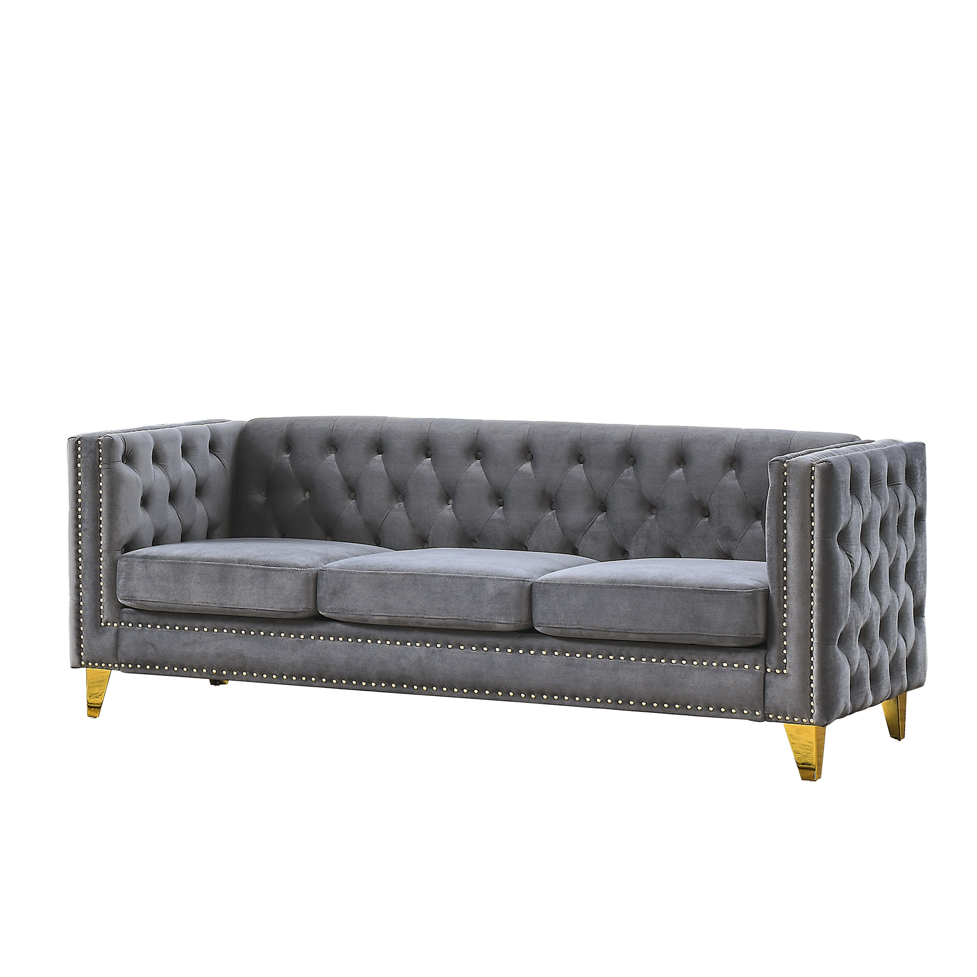 Contact Us For 3D Modeling Velvet Sofa For Living Room,Buttons Tufted Square Arm Couch, Modern Couch Upholstered Button And Metal Legs, Sofa Couch For Bedroom, Grey Velvet .2Pcs Gray Foam Velvet