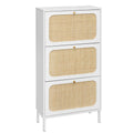 Natural Rattan 3 Door Shoe Rack, Freestanding Modern Shoe Storage Cabinet, For Entryway White Particle Board