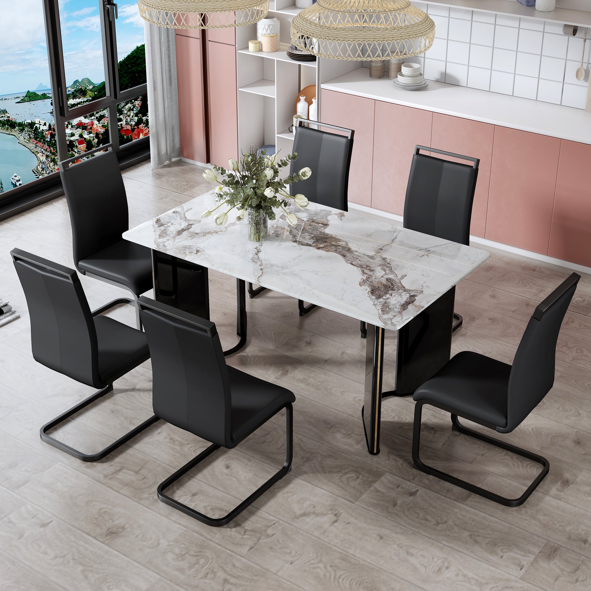 Table And Chair Set. 1 Table And 6 Chairs. Rectangular Dining Table, White Imitation Marble Tabletop, Mdf Table Legs With Gold Metal Decorative Strips. Equipped With White Black Leg Chairs F Hh White Mdf Glass