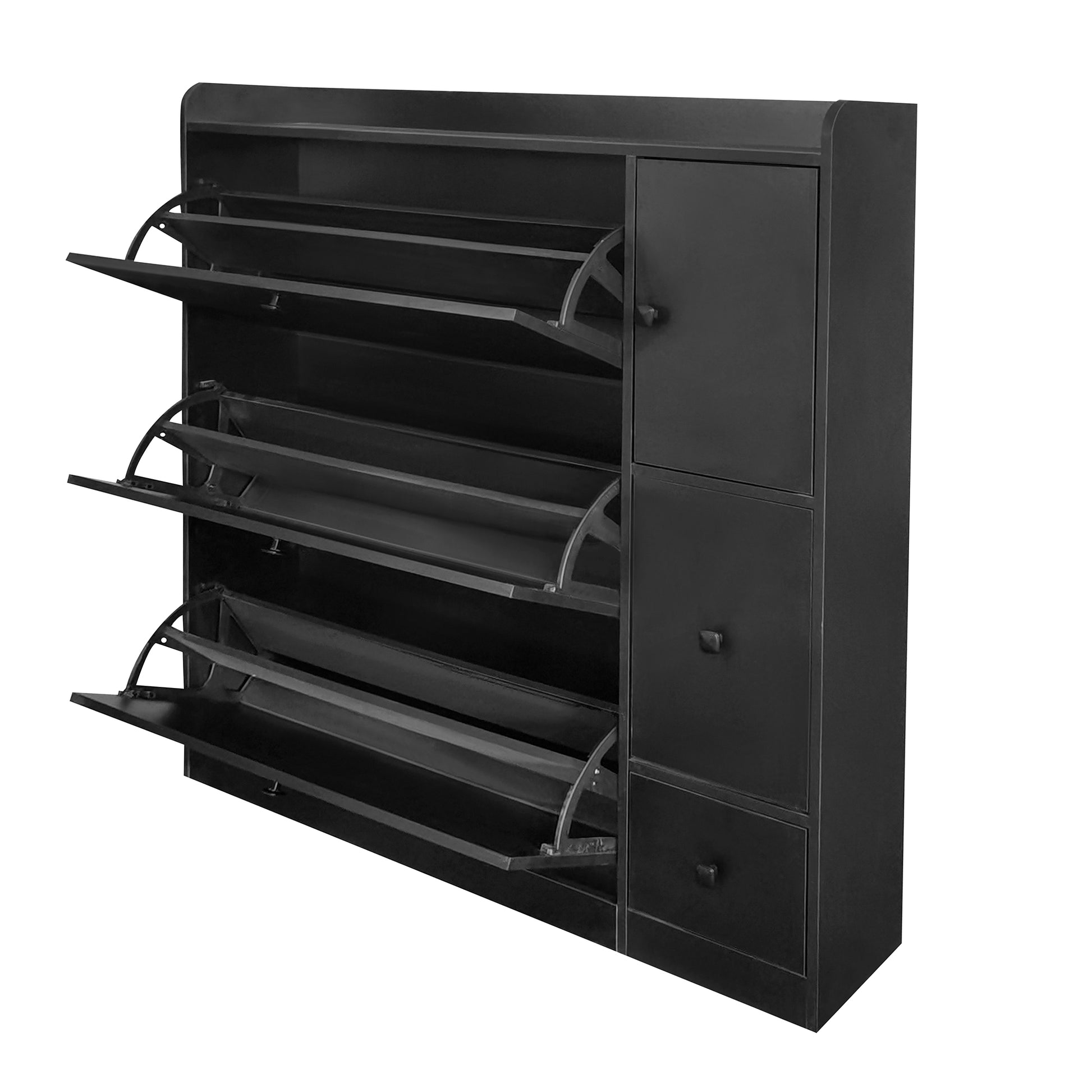 Versatile Shoe Cabinet With 3 Flip Drawers, Maximum Storage Entryway Organizer With Drawer, Free Standing Shoe Rack With Pull Down Seat For Hallway, Black Freestanding 3 4 Drawers Black Primary Living Space Adjustable Shelves Particle Board