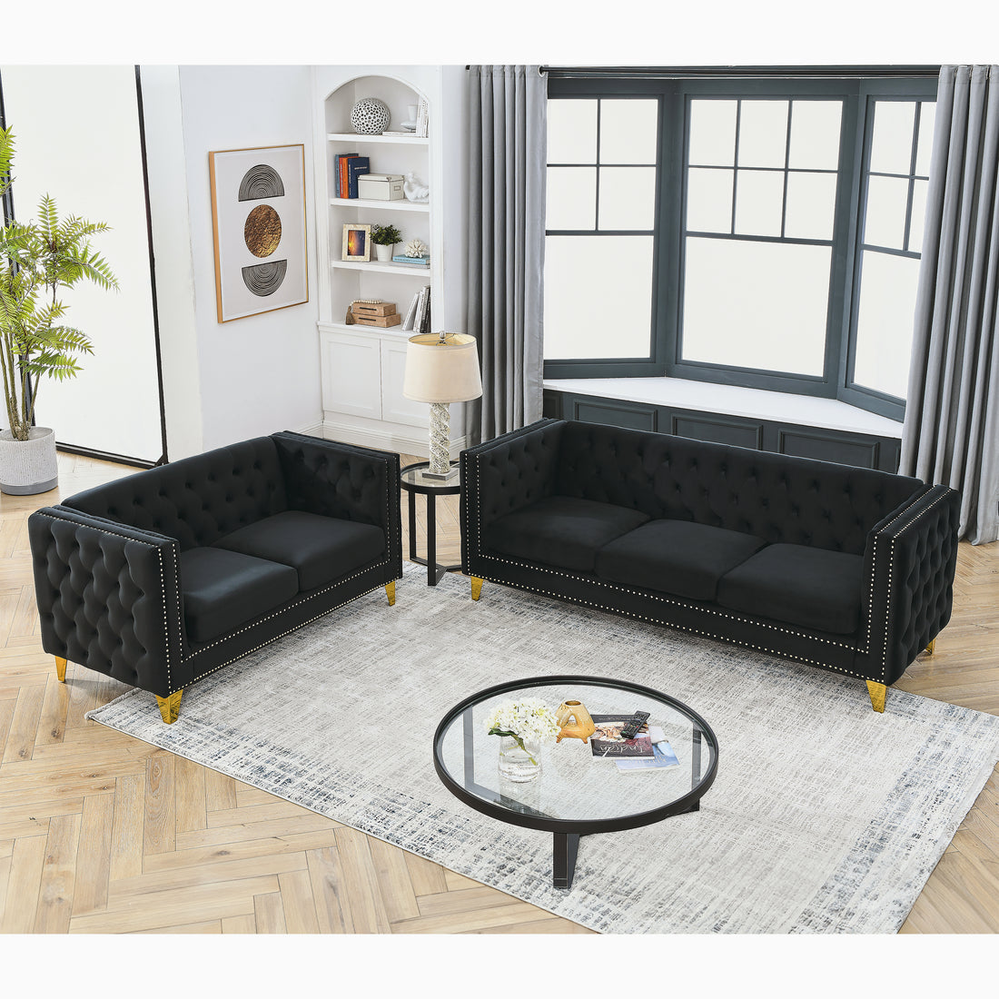 3 Seater 2 Seater Combination Sofa.Black Velvet Black Foam Velvet