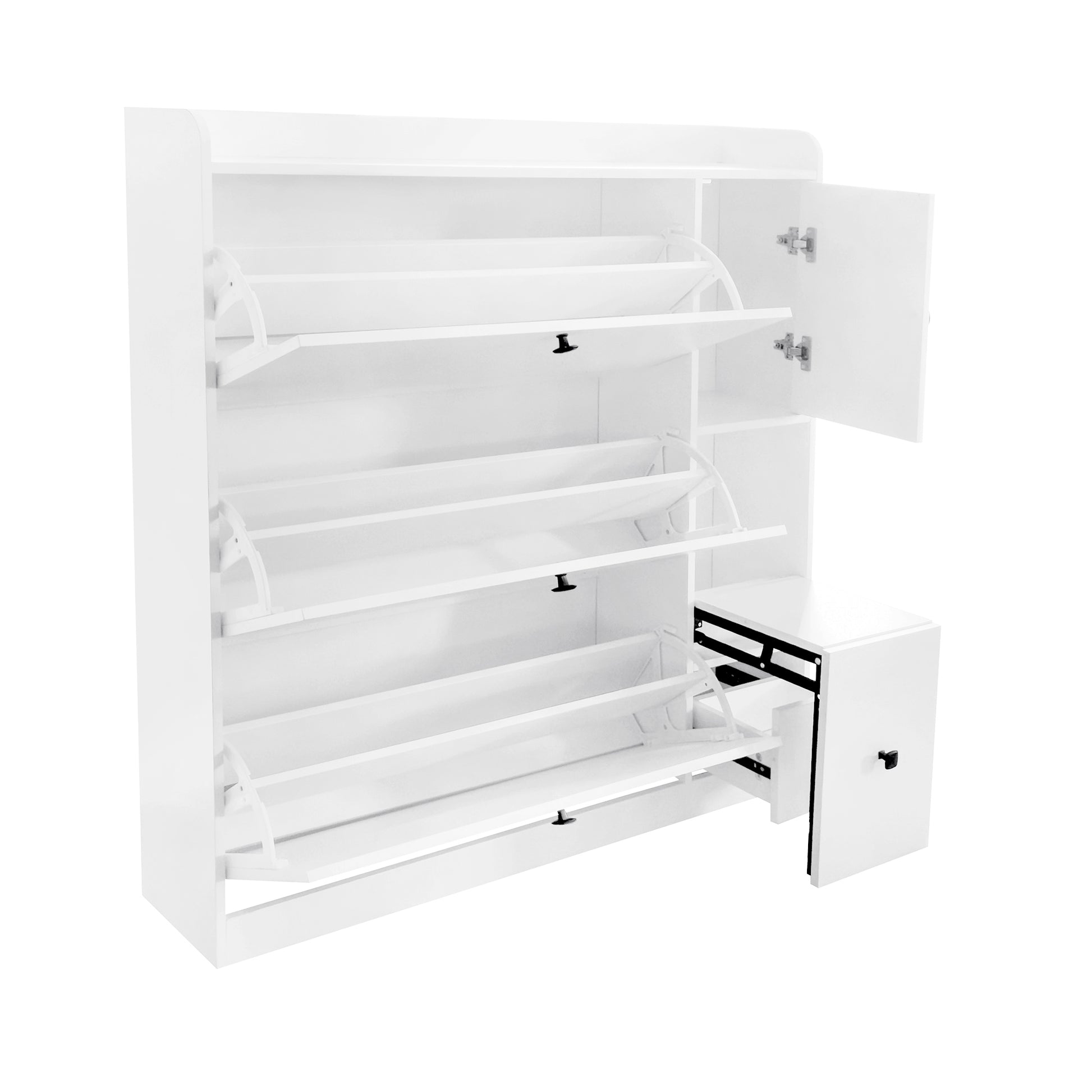 Versatile Shoe Cabinet With 3 Flip Drawers, Maximum Storage Entryway Organizer With Drawer, Free Standing Shoe Rack With Pull Down Seat For Hallway, White Freestanding 3 4 Drawers White Primary Living Space Adjustable Shelves Particle Board