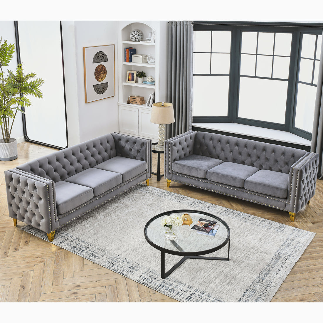 Contact Us For 3D Modeling Velvet Sofa For Living Room,Buttons Tufted Square Arm Couch, Modern Couch Upholstered Button And Metal Legs, Sofa Couch For Bedroom, Grey Velvet .2Pcs Gray Foam Velvet