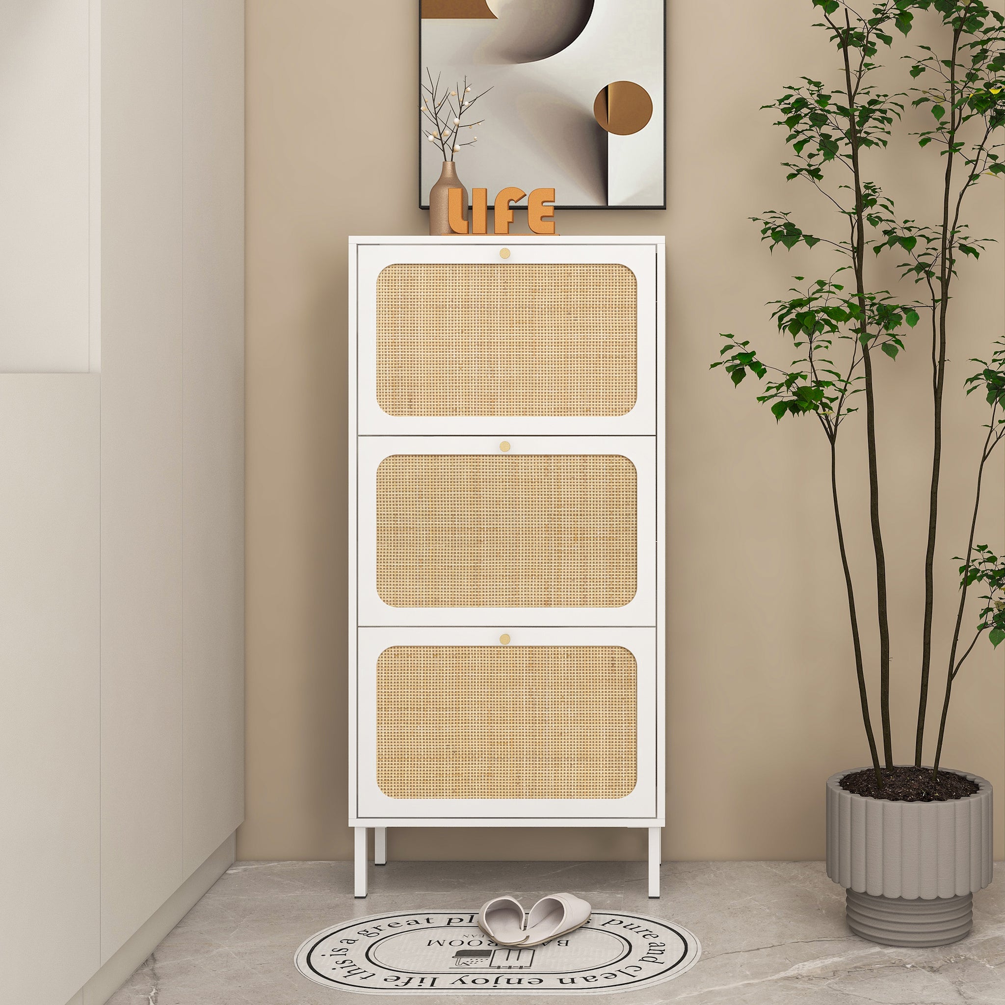 Natural Rattan 3 Door Shoe Rack, Freestanding Modern Shoe Storage Cabinet, For Entryway White Particle Board