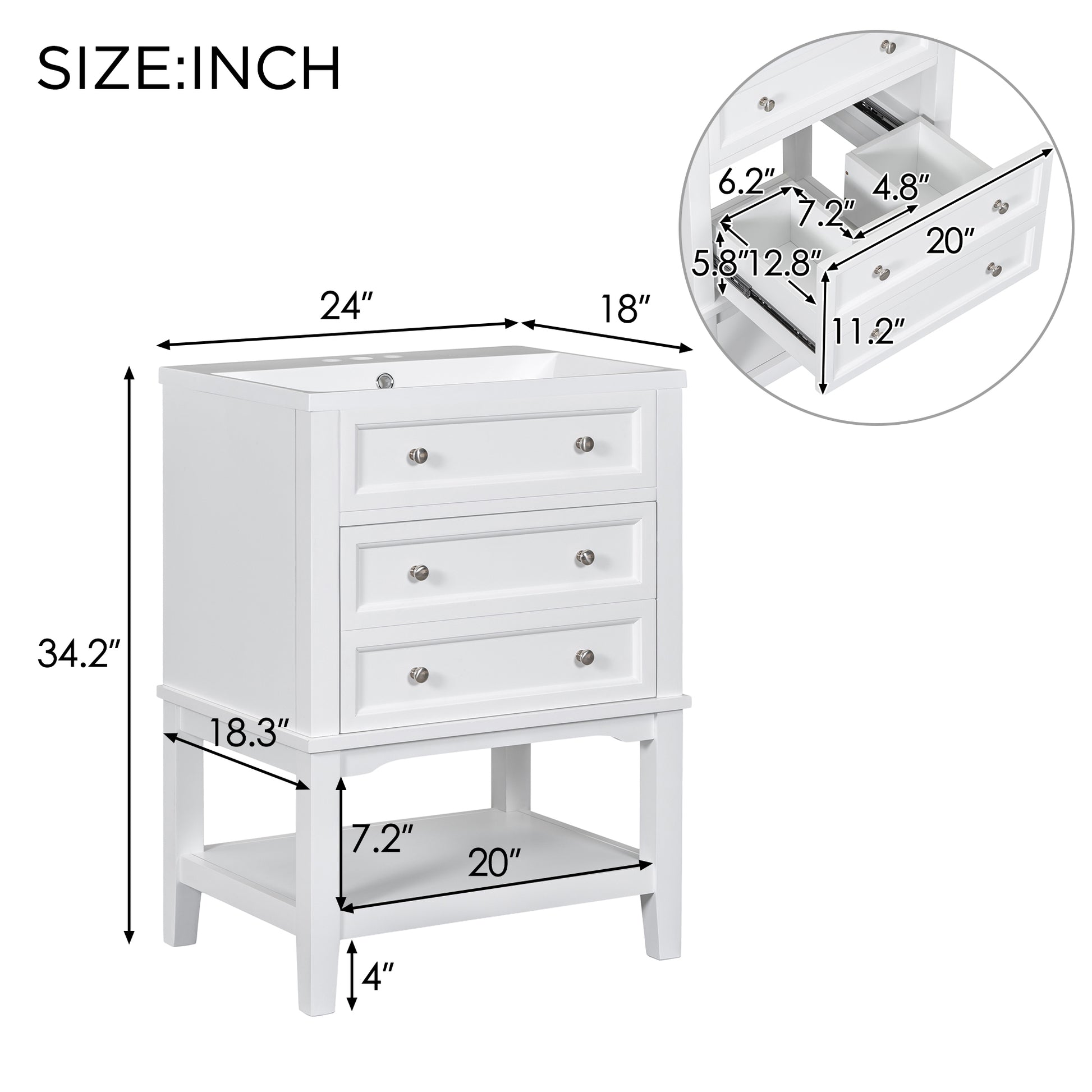 24" Bathroom Vanity With Sink, Bathroom Storage Cabinet With Drawer And Open Shelf, Solid Wood Frame, White White Solid Wood Mdf